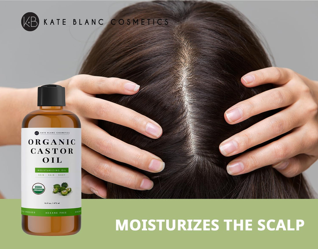 Organic Castor Oil 16oz by Kate Blanc. Cold-Pressed, 100% Pure, Hexane-Free. Promote Growth for Hair, Eyelashes, Eyebrows. Moisturizing For Dry Skin and Body. 1-Year Warranty.