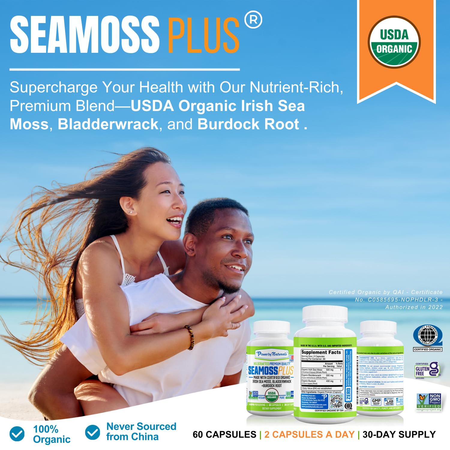 Power By Naturals Sea Moss Plus - USDA Organic Irish Sea Moss Capsules w/Wild Harvested Irish Seamoss, Bladderwrack & Burdock Root Immunity Supplement Sea Moss Pills for Adult 60Ct - 1 Pack