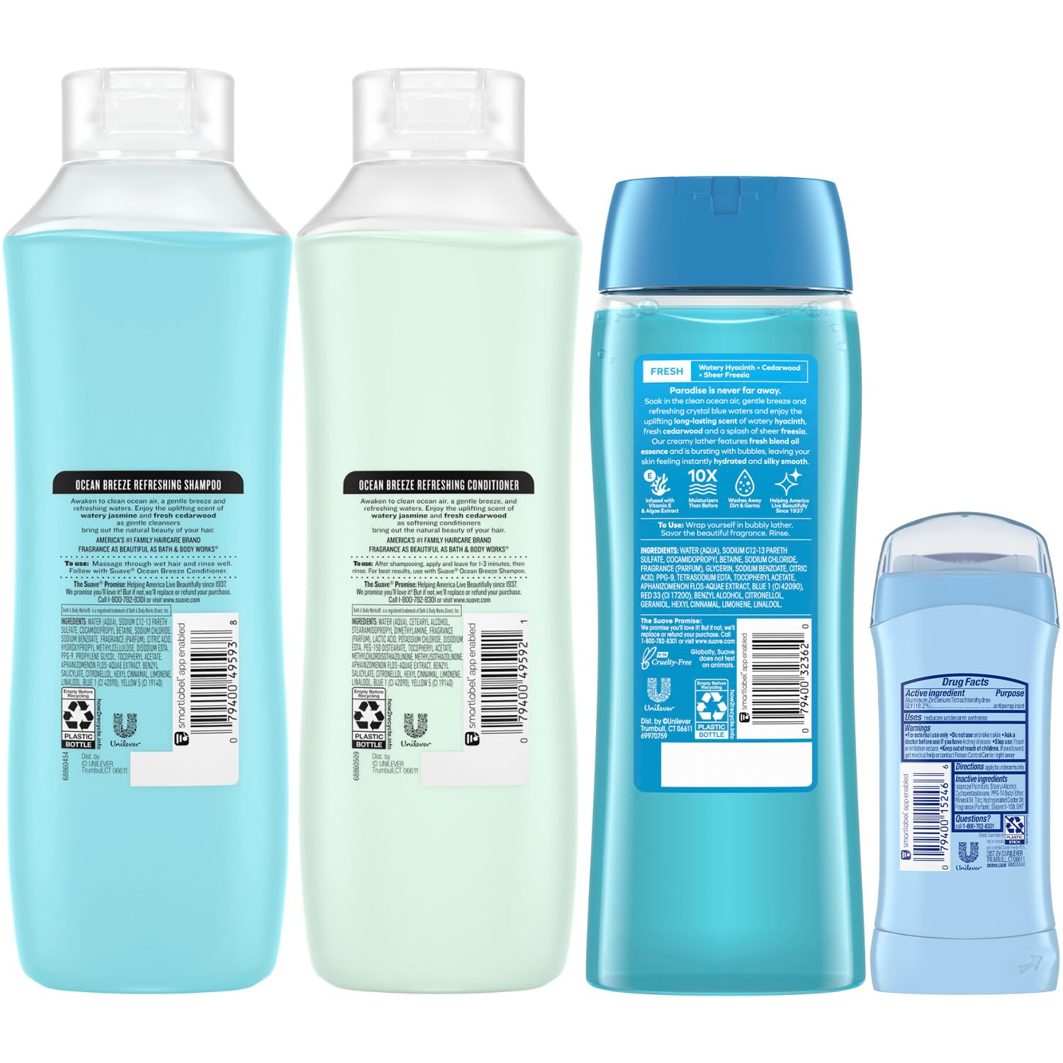 Suave Body Wash 2-Pack, Shampoo & Conditioner, Ocean Breeze + Fresh Antiperspirant Deodorant for Women (5 Piece Set)