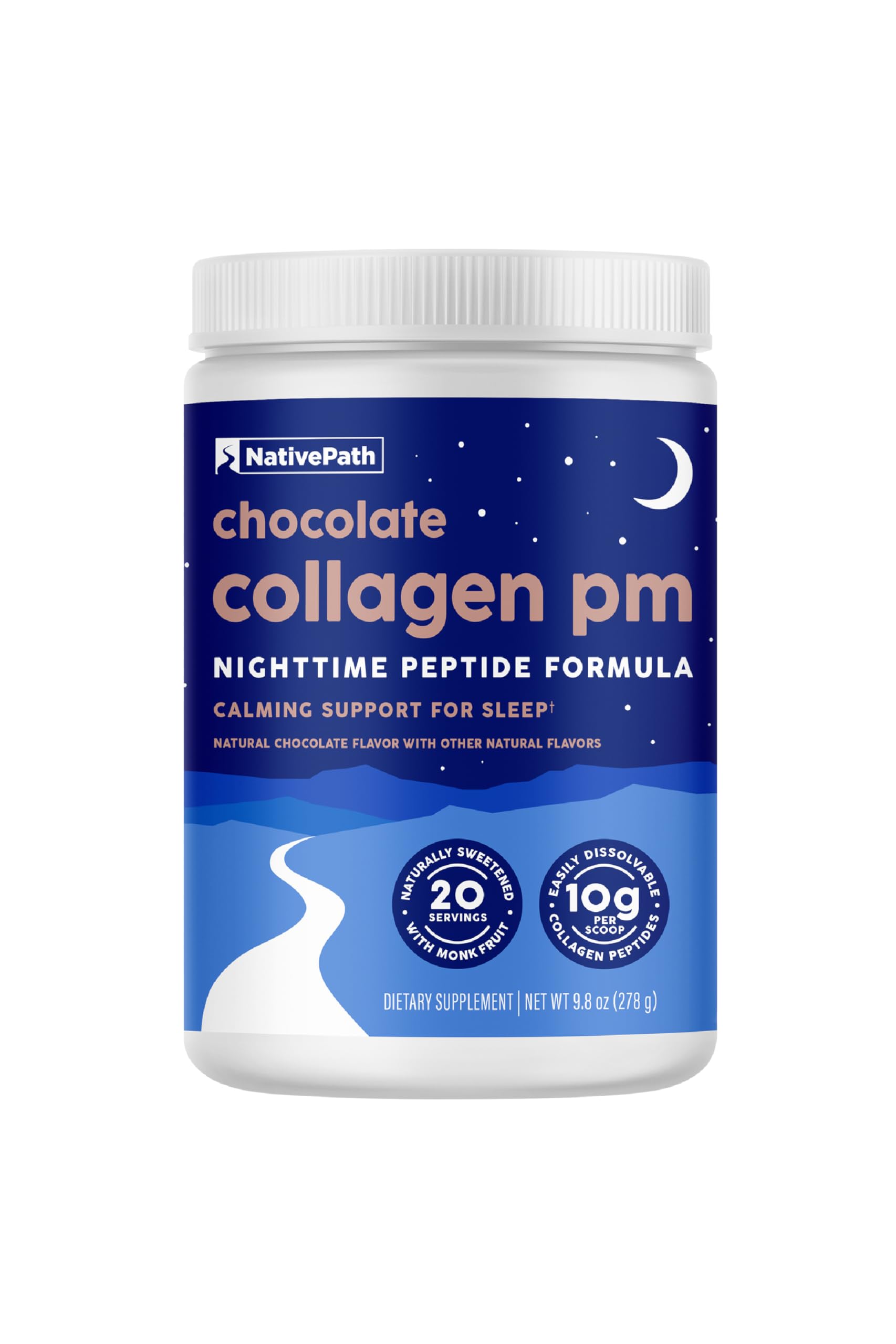 NativePath Collagen PM - Chocolate Nighttime Collagen Peptides Powder with Magnesium, GABA, L-Theanine and Melatonin - 20 Servings
