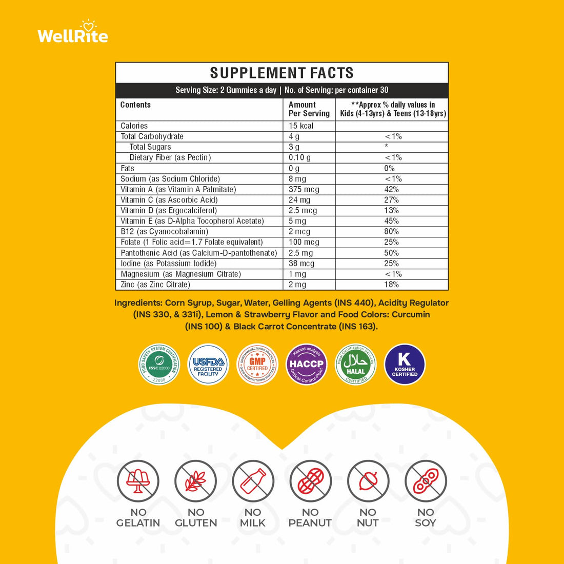 Wellrite Kids Multivitamin & Mineral Gummy Vitamins which Provide Overall Development & Growth, 60 Count, Lemon & Strawberry Flavored, Vegan, Gelatin Free, Gluten Free, Nut Free