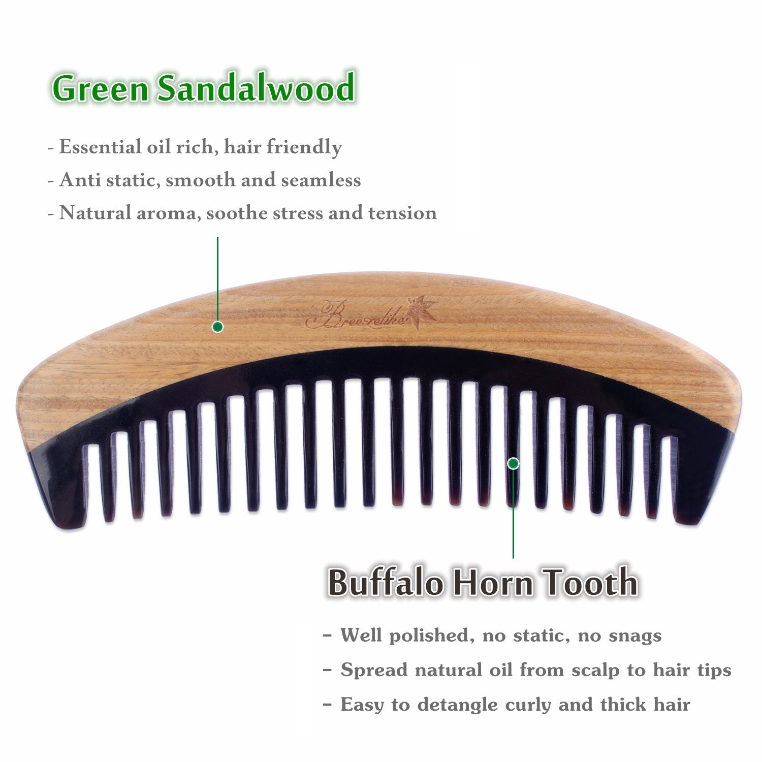 Breezelike Hair Comb - Wide Tooth Wooden Detangling Comb for Curly Hair - No Static Sandalwood Buffalo Horn Comb for Men and Women