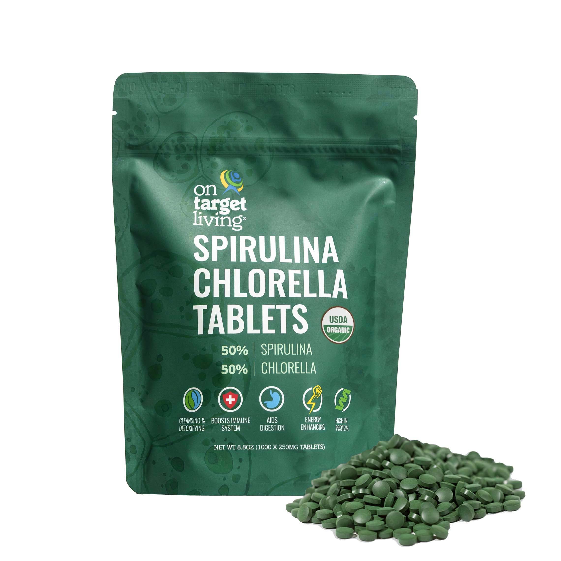 On Target Living Organic Spirulina Chlorella | USDA Organic | 1000 Tablets- 250 G (8.8 oz) | Vegan | Immune System Boosting | Alkalyzing | Nutrient Dense | Detoxifying | Protein Dense