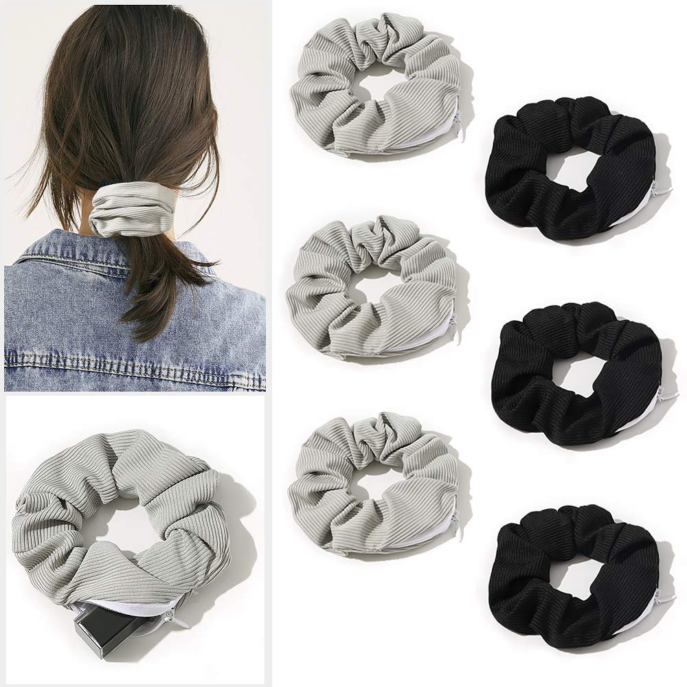 Pocket Scrunchies with Zipper Stash Scrunchy Hair Ties (Black Gray)