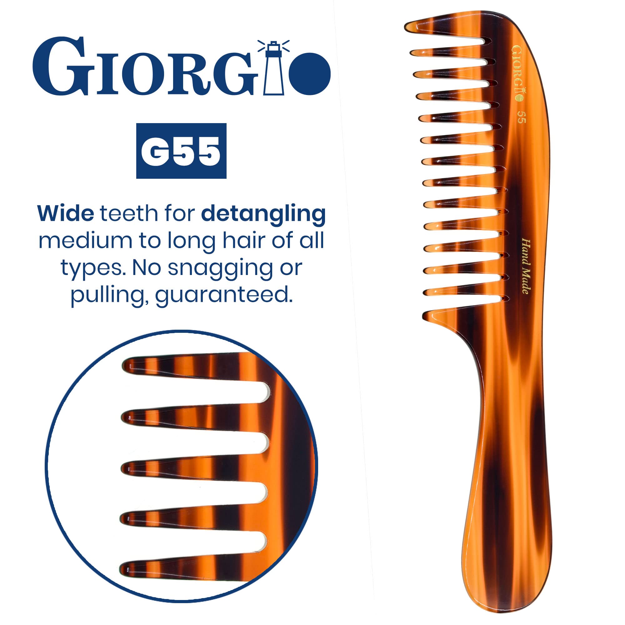 Giorgio G55 8 Hand Made Tortoise Detangling Comb - Wide Teeth. Hand-Made of quality Durable Cellulose.