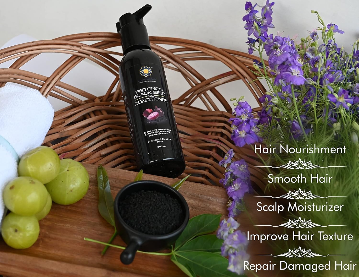 AYURVEDASHREE Botanical Conditioner - Red Onion, Black Seed, Argan, Coconut, Neem, Hemp, Amla & Aloe Vera | Deep Conditioning for Dry, Thin & Damaged Hair | 200 ML - 6.76 fl oz