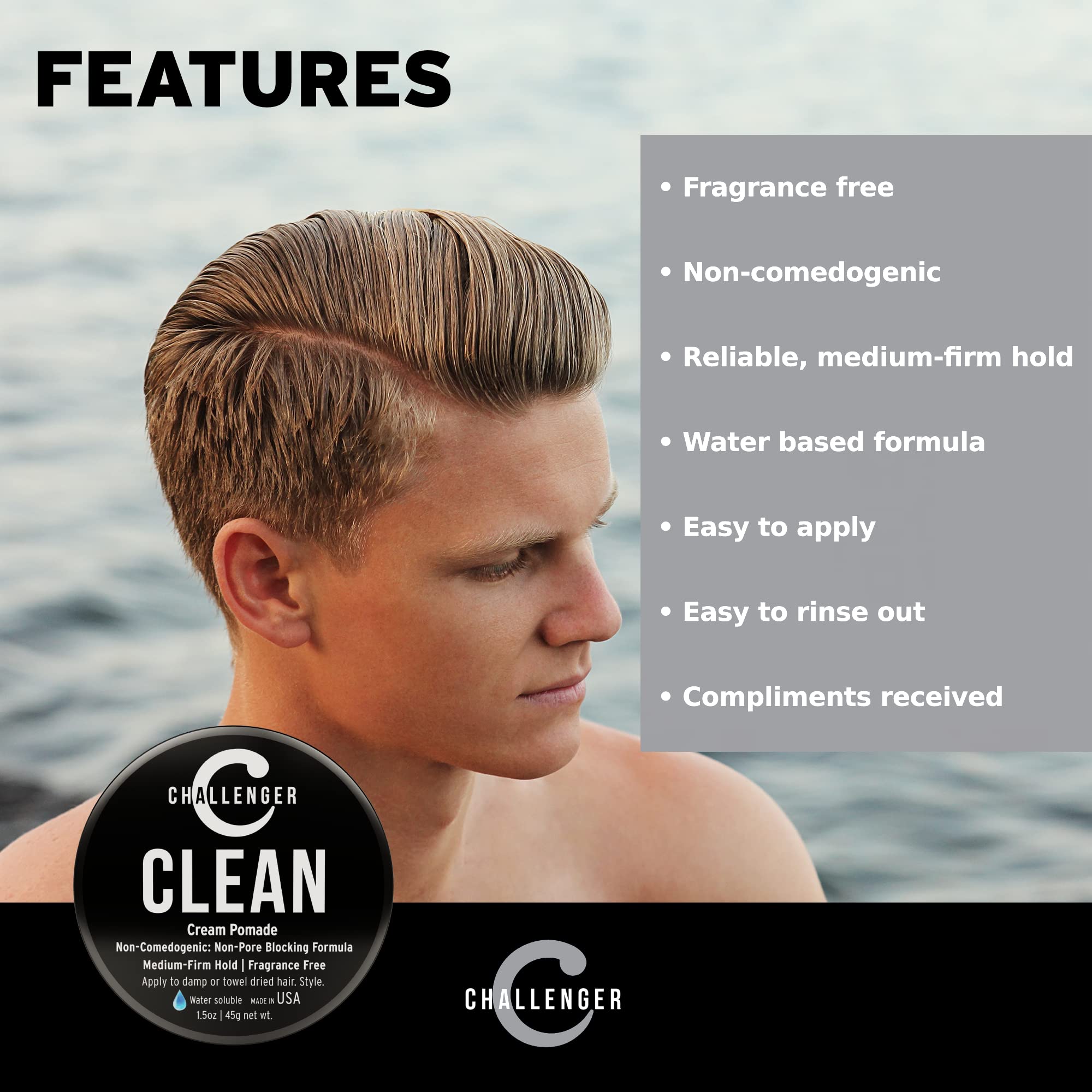 New Matte Cream Pomade - Non-Comedogenic, Fragrance Free - Challenger Clean 3oz - Medium Firm Hold - Non-Pore Blocking, Shine Free, Water Based, Travel Friendly. Hair Wax, Fiber, Paste in 1 (1.5OZ)