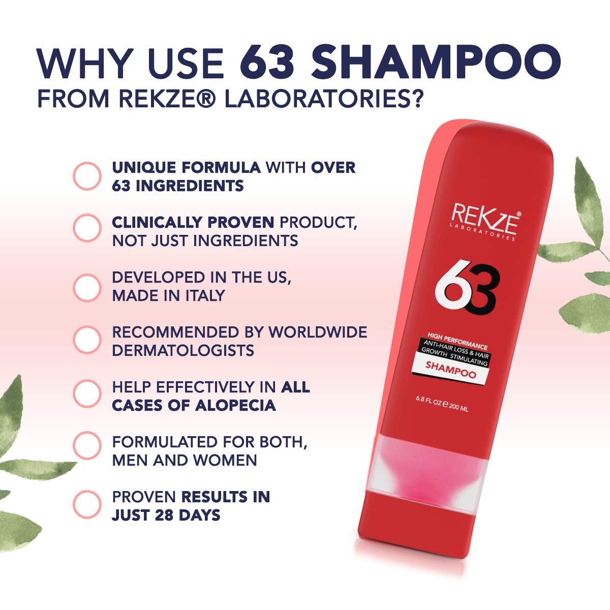 REKZE 63 Hair Growth Shampoo – Clinically Proven Extra Strength Formula with Biotin, Caffeine, Zinc - Regrowth, Thickening Therapy for Men & Women, DHT Blocker Prevents Thinning & Hair Loss