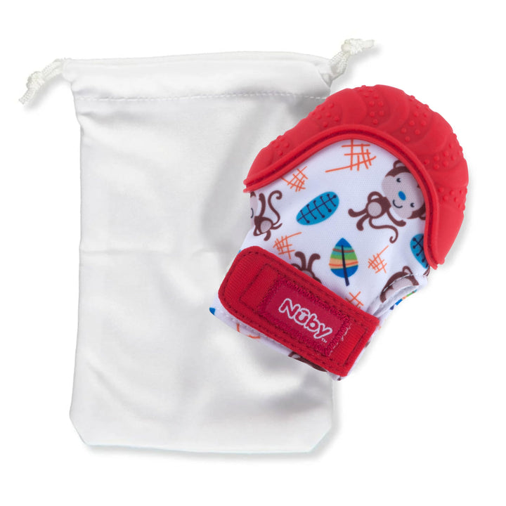 Nuby Soothing Teething Mitten with Hygienic Travel Bag, Red Monkey, 1 Count (Pack of 1)