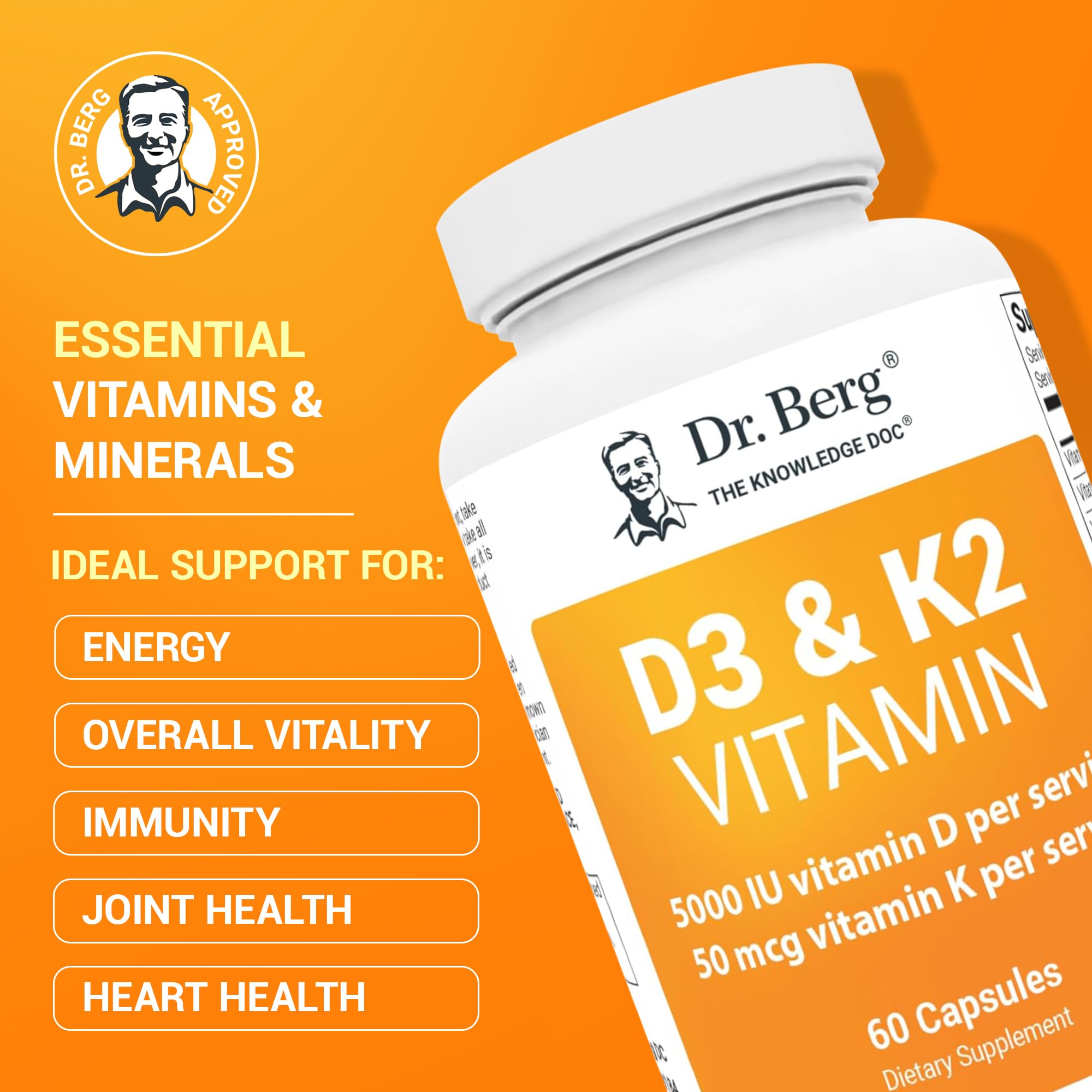 Dr. Berg D3 K2 Vitamin 5000 IU w/MCT Powder - Includes 50 mcg MK7 Vitamin K2, Purified Bile Salts, Zinc & Magnesium for Ultimate Absorption - K2 D3 Vitamin Supplement - 60 Capsules