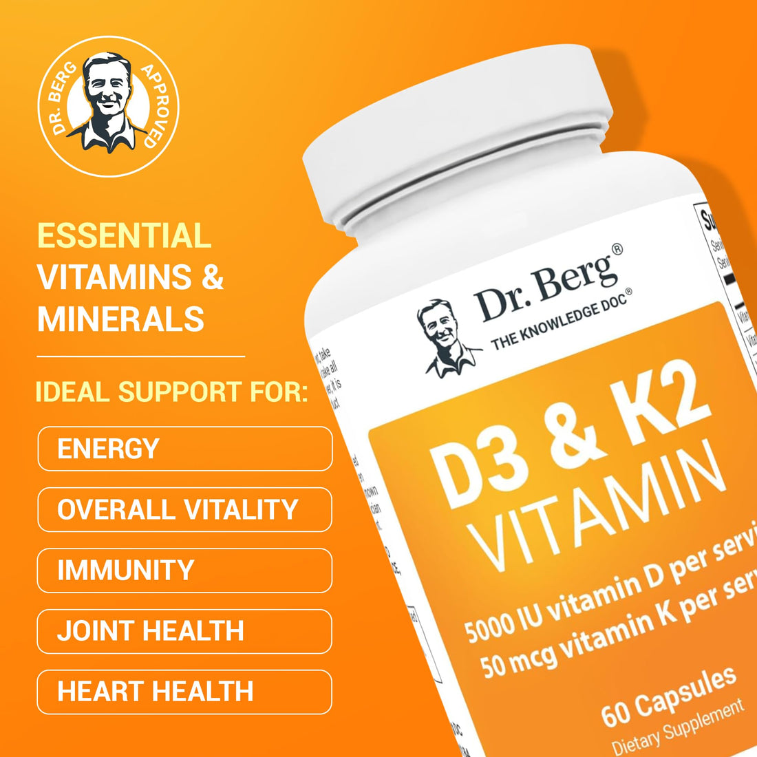 Dr. Berg D3 K2 Vitamin 5000 IU w/MCT Powder - Includes 50 mcg MK7 Vitamin K2, Purified Bile Salts, Zinc & Magnesium for Ultimate Absorption - K2 D3 Vitamin Supplement - 60 Capsules