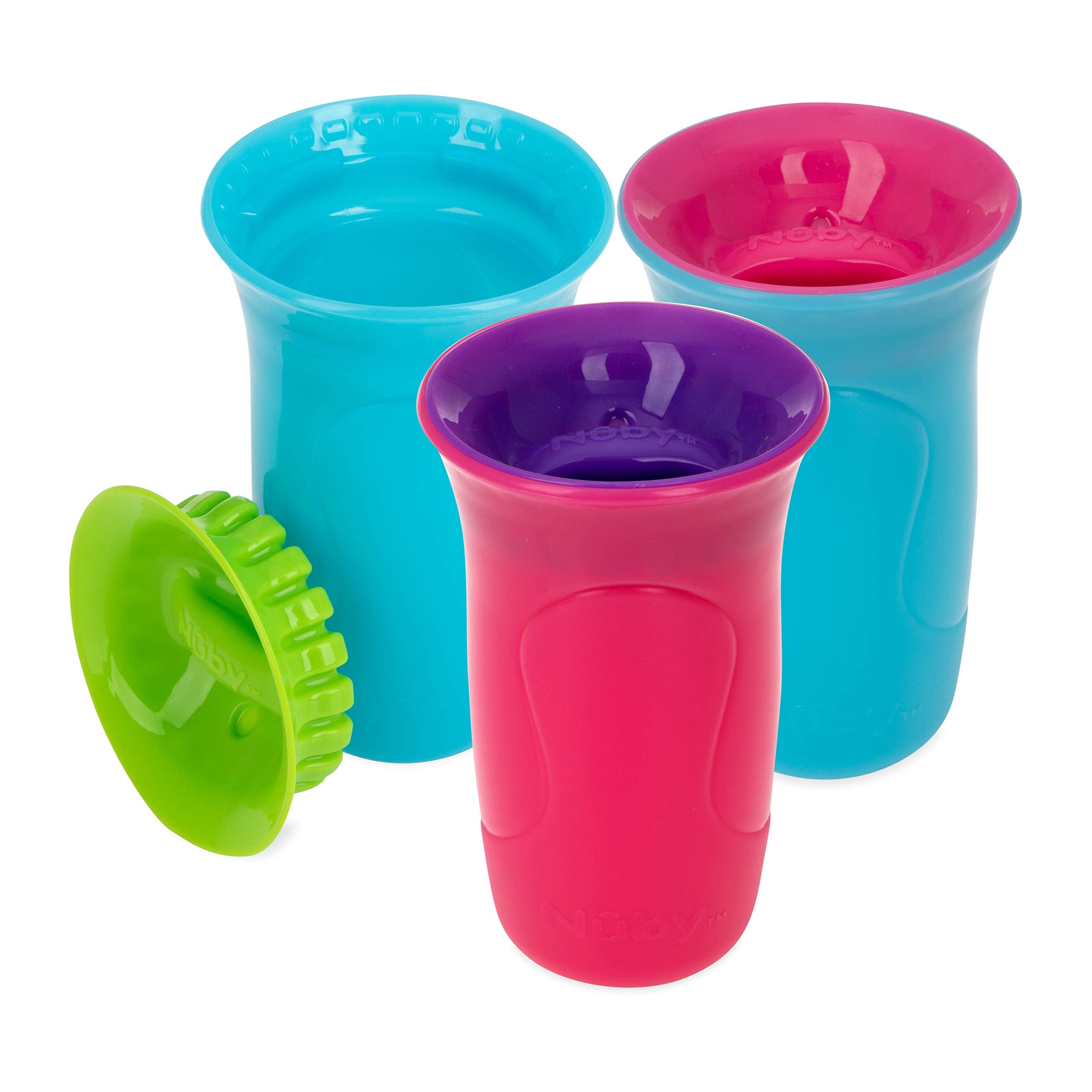 Nuby 3-Piece No-Spill Smart Edge 360 Cup with Touch Flo Easy Clean Silicone Rim, 10 Oz, Girl (Color May Vary)