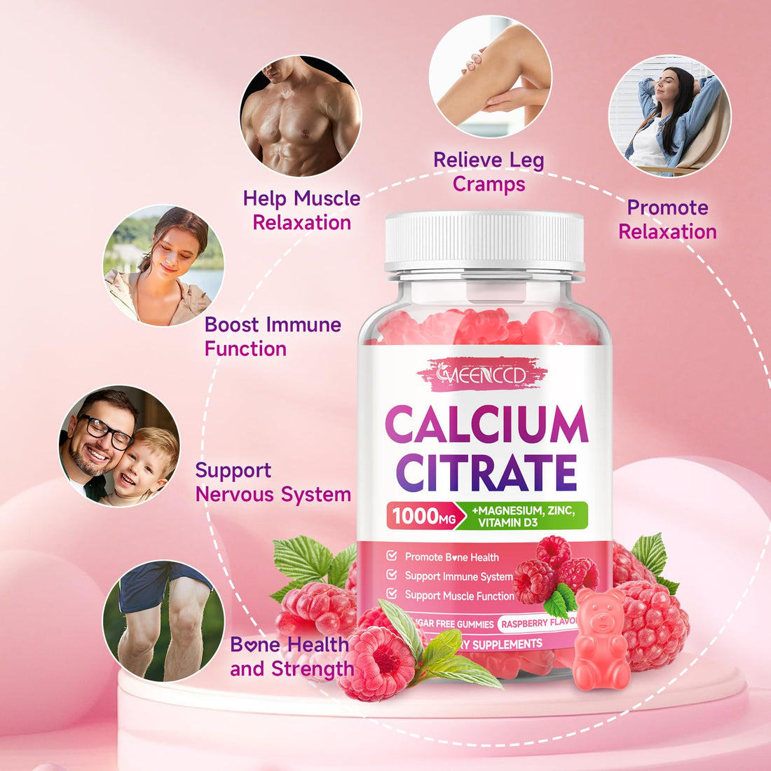 2 Pack Calcium Citrate Gummies 1000mg w/Vitamin D3, High Absorption Calcium Gummies for Women & Men, Plus Magnesium, Potassium, Zinc for Muscle & Immune, Raspberry Flavor, 120 Count