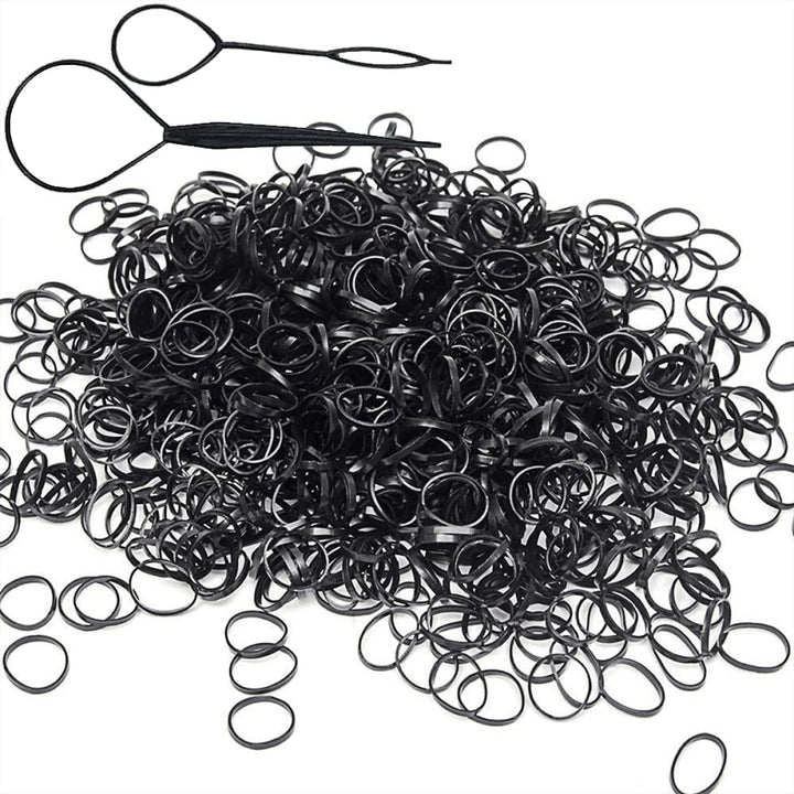2000 PCS Black Hair Accessories Set: Mini Elastic Ponytail Bands, Non-Slip Small Ties for Girls, Soft Rubbers with 2 Topsy Tail Tools