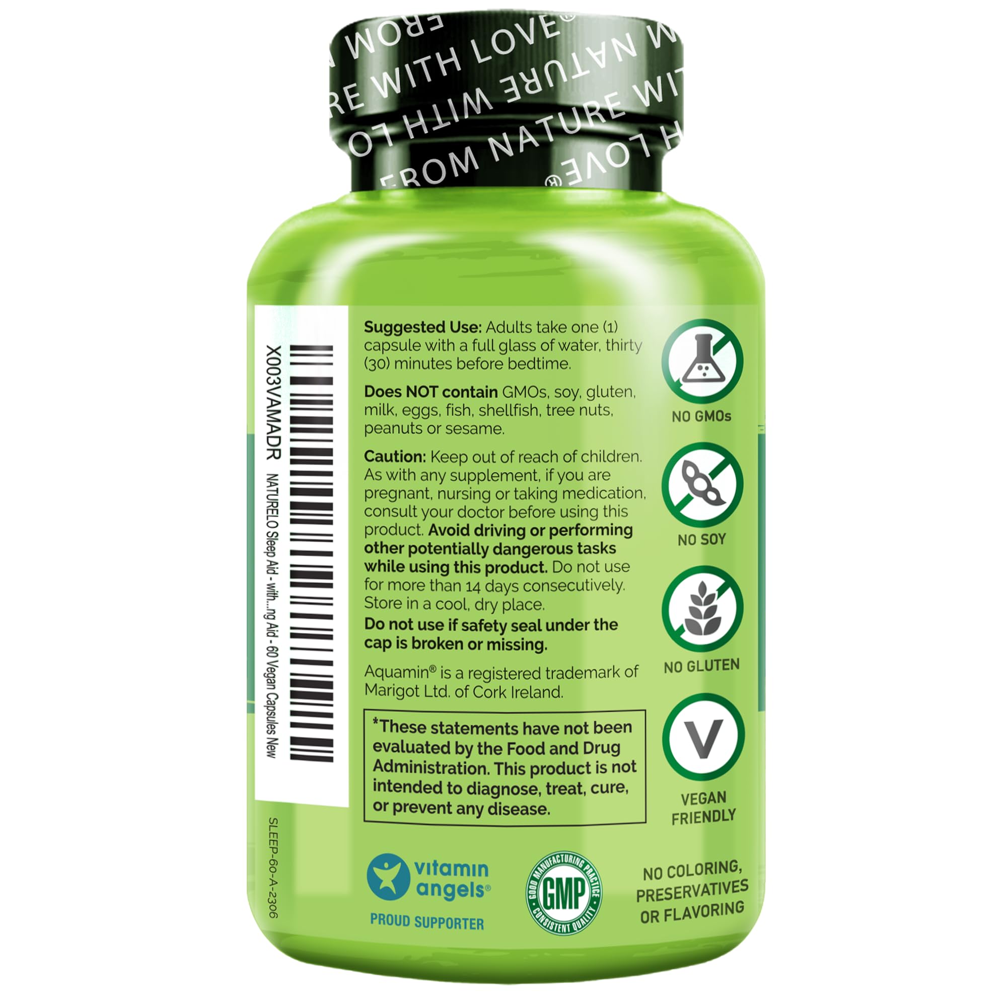 NATURELO Sleep Aid - with Melatonin, Magnesium, GABA, Valerian Root, Lemon Balm, Chamomile Herbal Extracts - Plant-Based Sleeping Aid - 60 Vegan Capsules