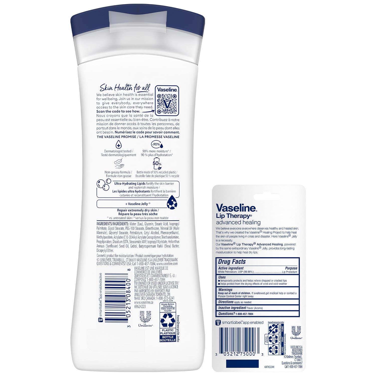 Vaseline Intensive Care Lotion, Unscented, Advanced Repair – Non-Greasy Moisturizer for Extremely Dry Skin + Advanced Lip Therapy Tube