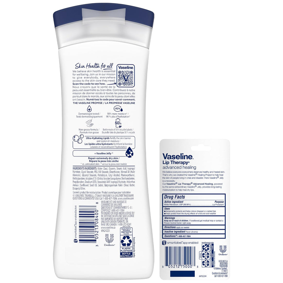 Vaseline Intensive Care Lotion, Unscented, Advanced Repair – Non-Greasy Moisturizer for Extremely Dry Skin + Advanced Lip Therapy Tube