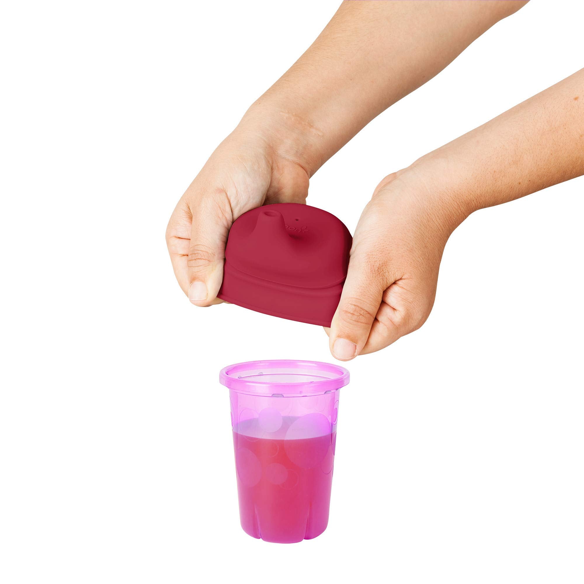 Boon Snug Silicone Sippy Cup Lids - Convert Any Kids Cups or Toddler Cups into Soft Spout Sippy Cups - Toddler Feeding Supplies and Travel Essentials - Pink - 3 Count