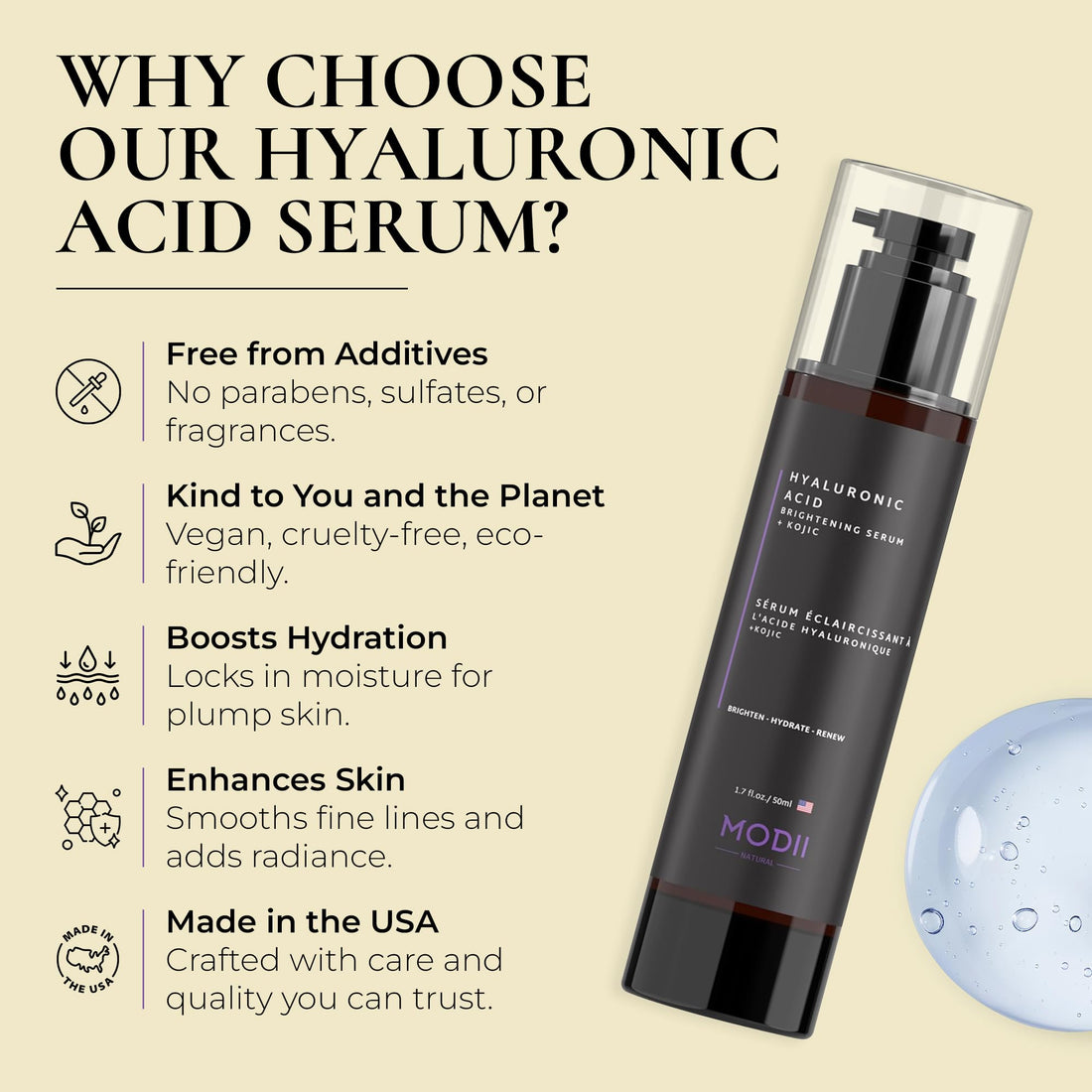 Hyaluronic Acid Face Serum: Pure Hyaluronic Acid Infused with Kojic - Unscented - Made in USA - 50ml/1.7oz
