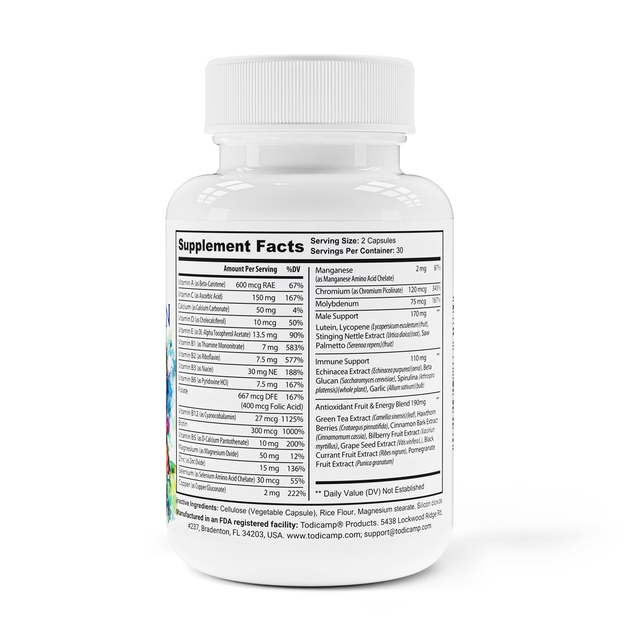 TODICAMP Men's Multivitamin & Mineral Complex with Plant-Based Extracts - Multivitamin for Men Improves Overall Health, Antioxidant & Natural Body Support - 60 Capsules - 30 Day Supply