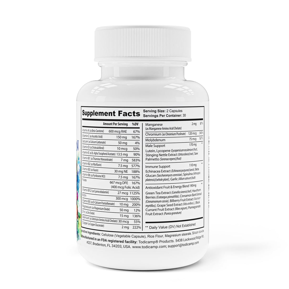 TODICAMP Men's Multivitamin & Mineral Complex with Plant-Based Extracts - Multivitamin for Men Improves Overall Health, Antioxidant & Natural Body Support - 60 Capsules - 30 Day Supply