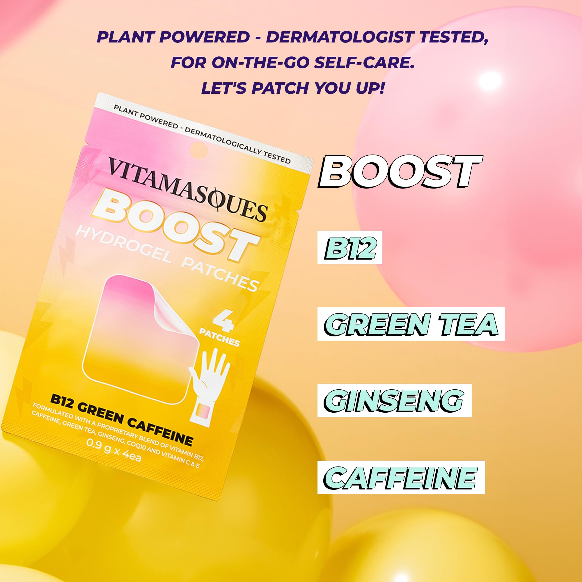 Vitamasques Energy Patches, Boostme Wellness Hydrogel Pads (3-Pack) - B12 Vitamin Patches for Women & Men, Energy and Focus for Adults - Cruelty-Free, Gluten-Free, & Filler-Free Caffeine Gel Pads