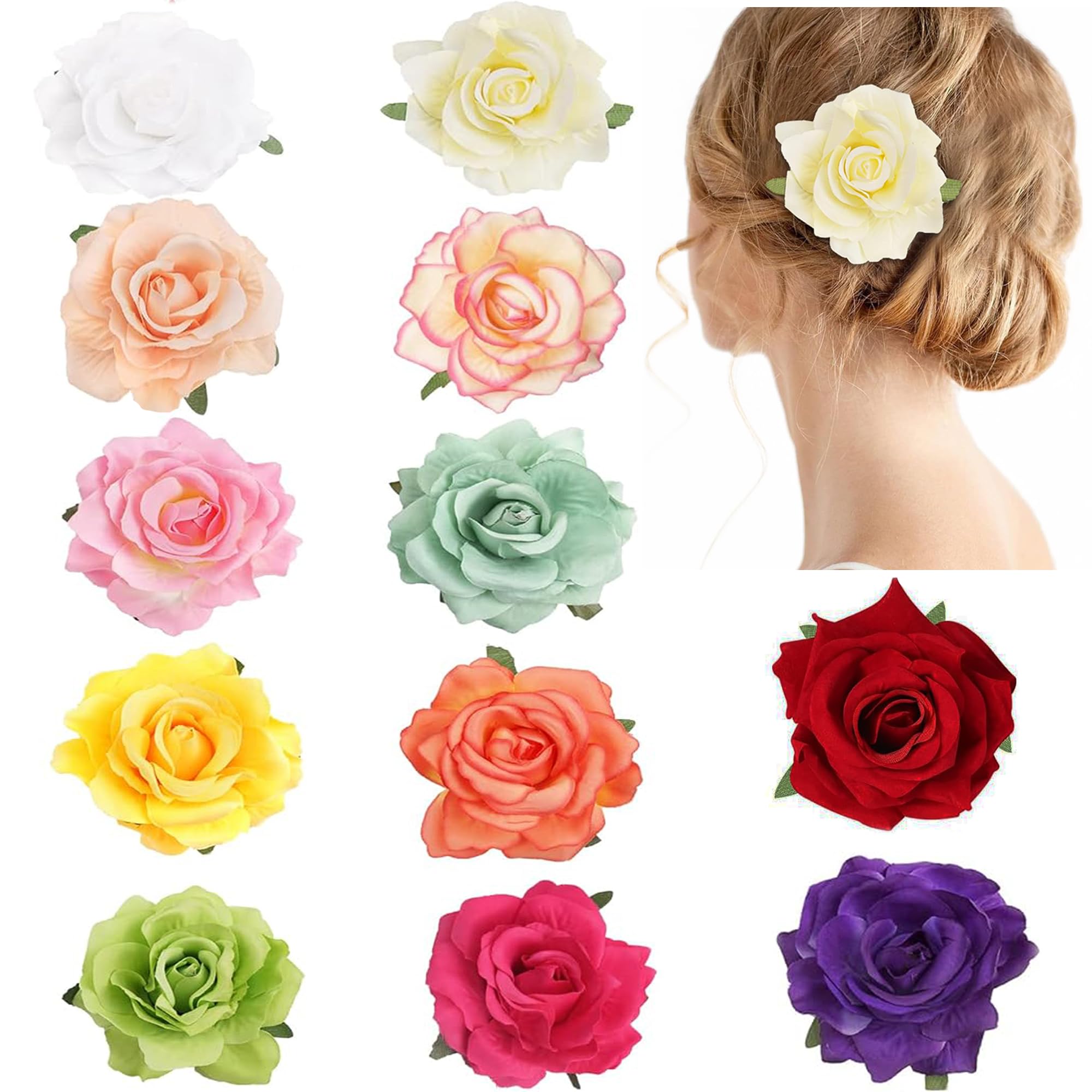 CellElection 12Pcs Elegant Large Rose Flower Hair Clips Floral Brooches Pin Rose Hair Accessories For Women Girls Lady Bridal