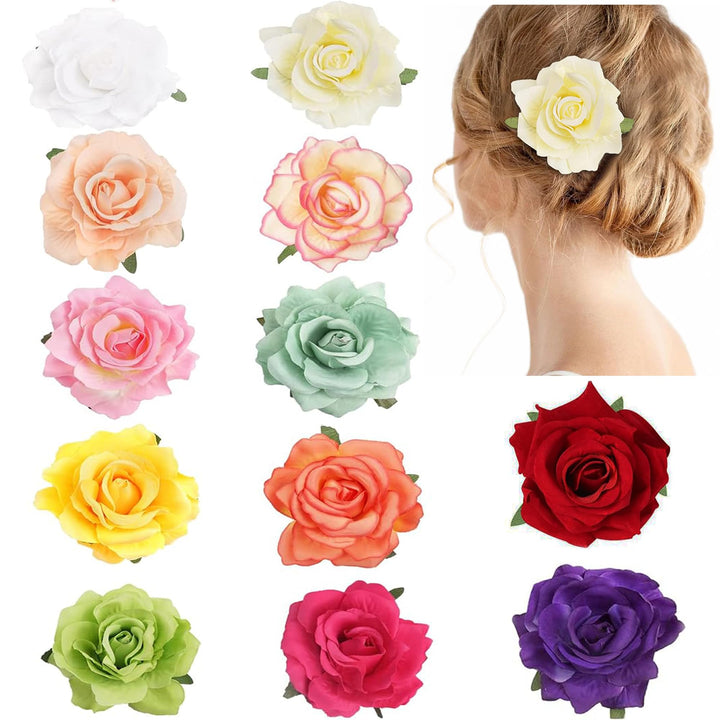 CellElection 12Pcs Elegant Large Rose Flower Hair Clips Floral Brooches Pin Rose Hair Accessories For Women Girls Lady Bridal