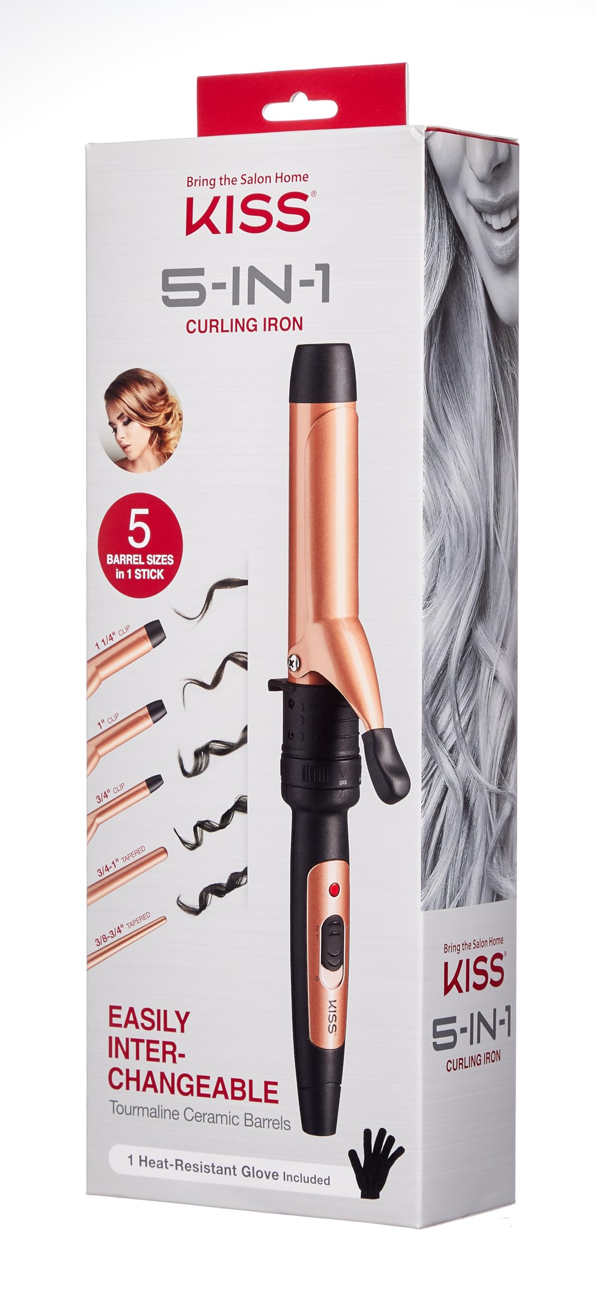 Kiss Products 5 in 1 Interchangeable Ceramic Tourmaline Curling Wand and Iron set with Heat Resistant Glove- Dual Voltage 110-120V Curling Iron Set For All Hair Types