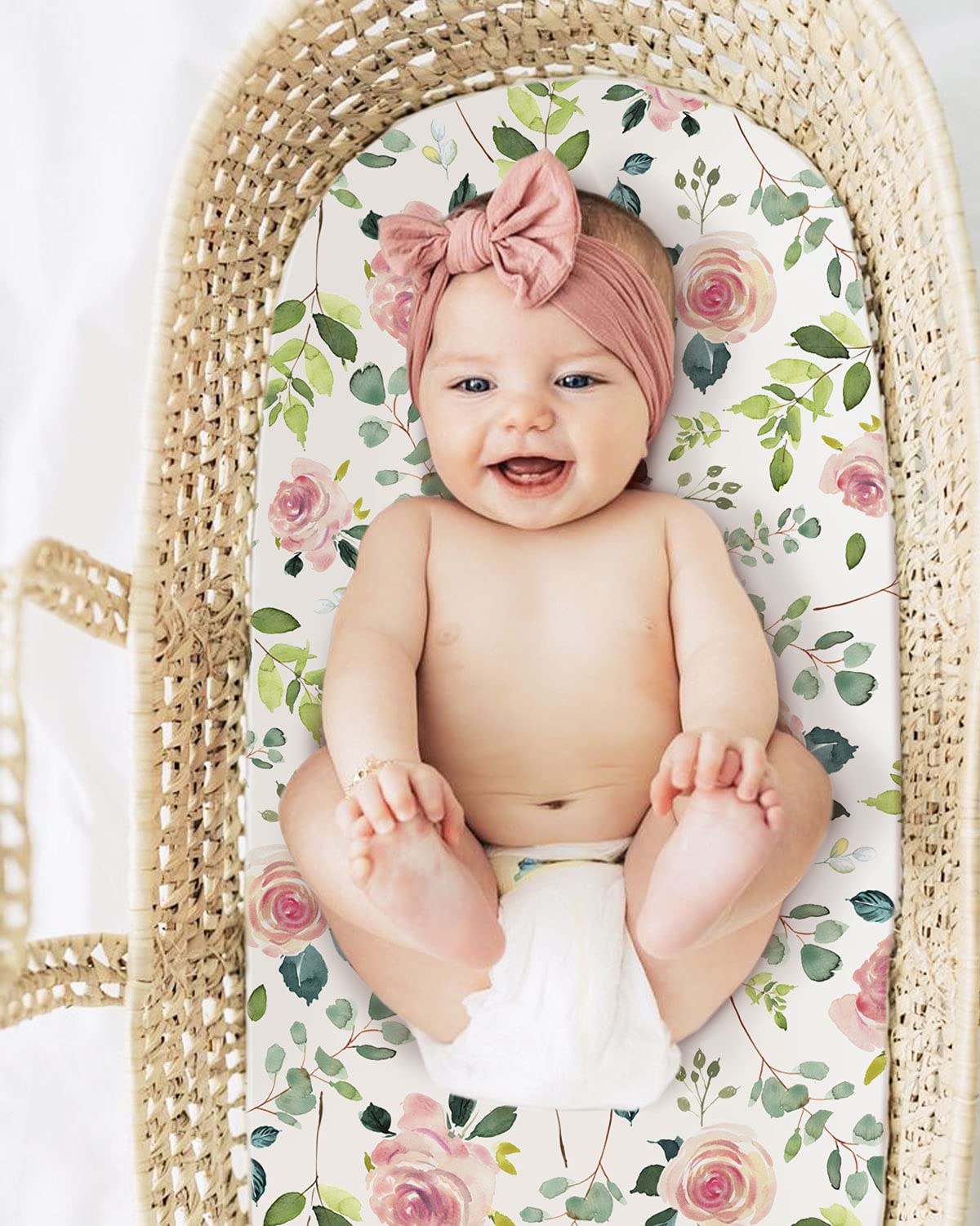 GRSSDER Stretchy Ultra Soft Baby Fitted Bassinet Sheet Set 2 Pack, Universal Cradle for Rectangle, Oval, or Hourglass Pad/Mattress, Pink Rose Sheets Girls