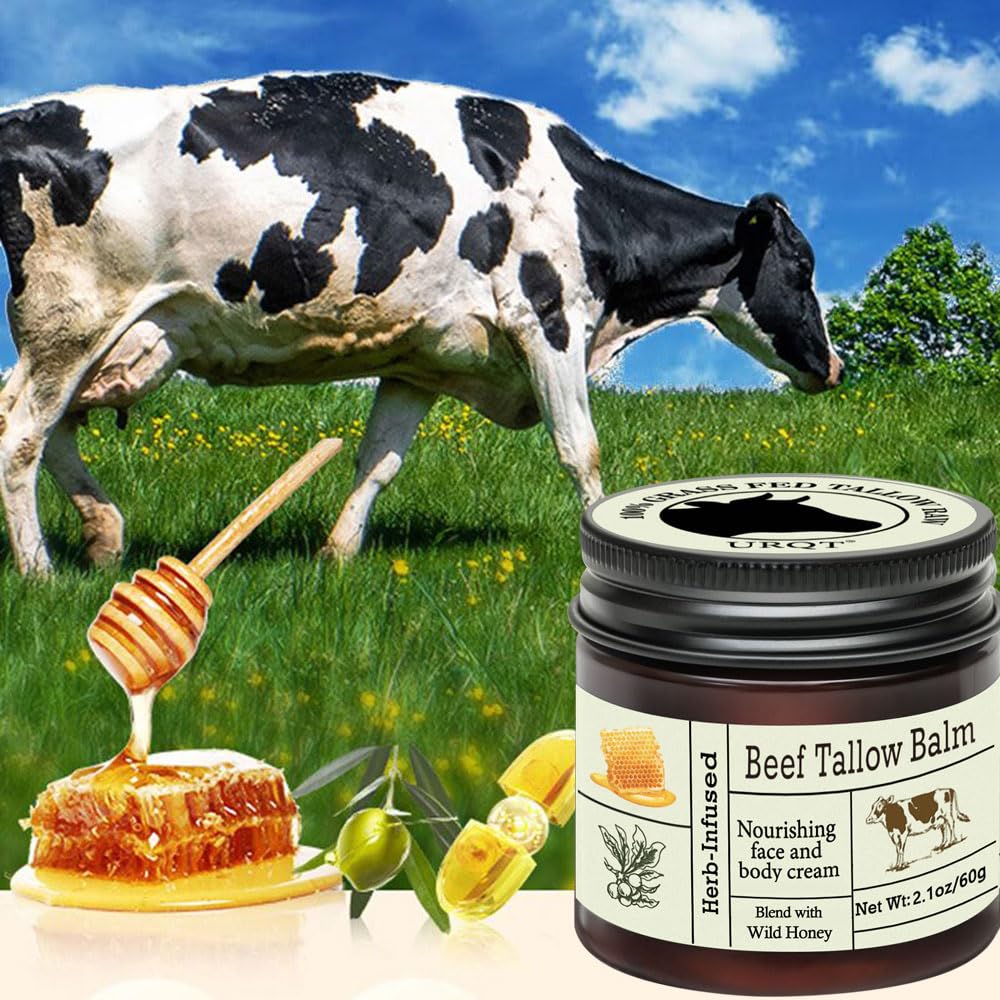 URQT Beef Tallow for Skin - Organic Grass-Fed Whipped Beef Tallow and Honey Balm - Deeply Moisturizing for Face & Body - Natural Skin Care for Soft, Supple Skin