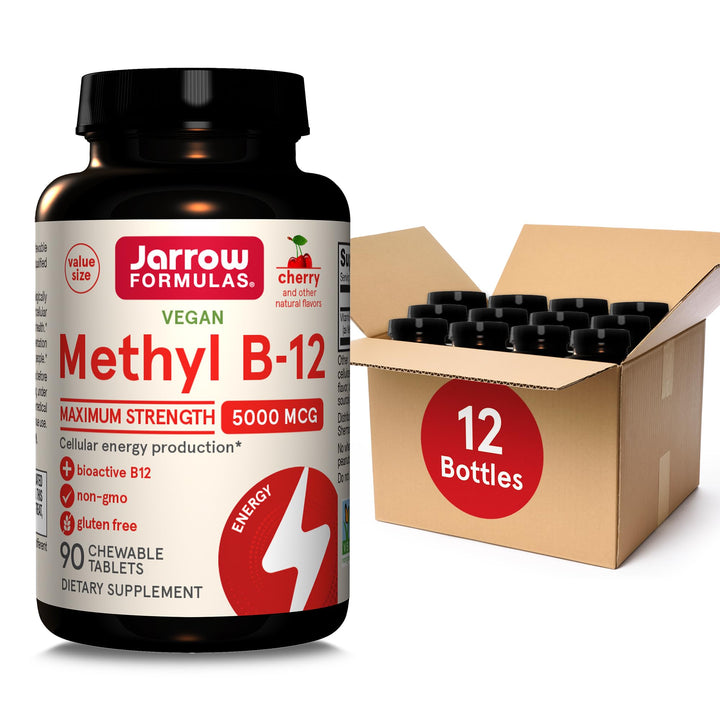 Jarrow Formulas Maximum Strength Methyl B-12 5000 mcg Dietary Supplement - 90 Cherry Chewable Tablets - Bioactive Vitamin B-12 - Supports Cellular Energy Production, Sleep & Brain Health (Pack of 12)