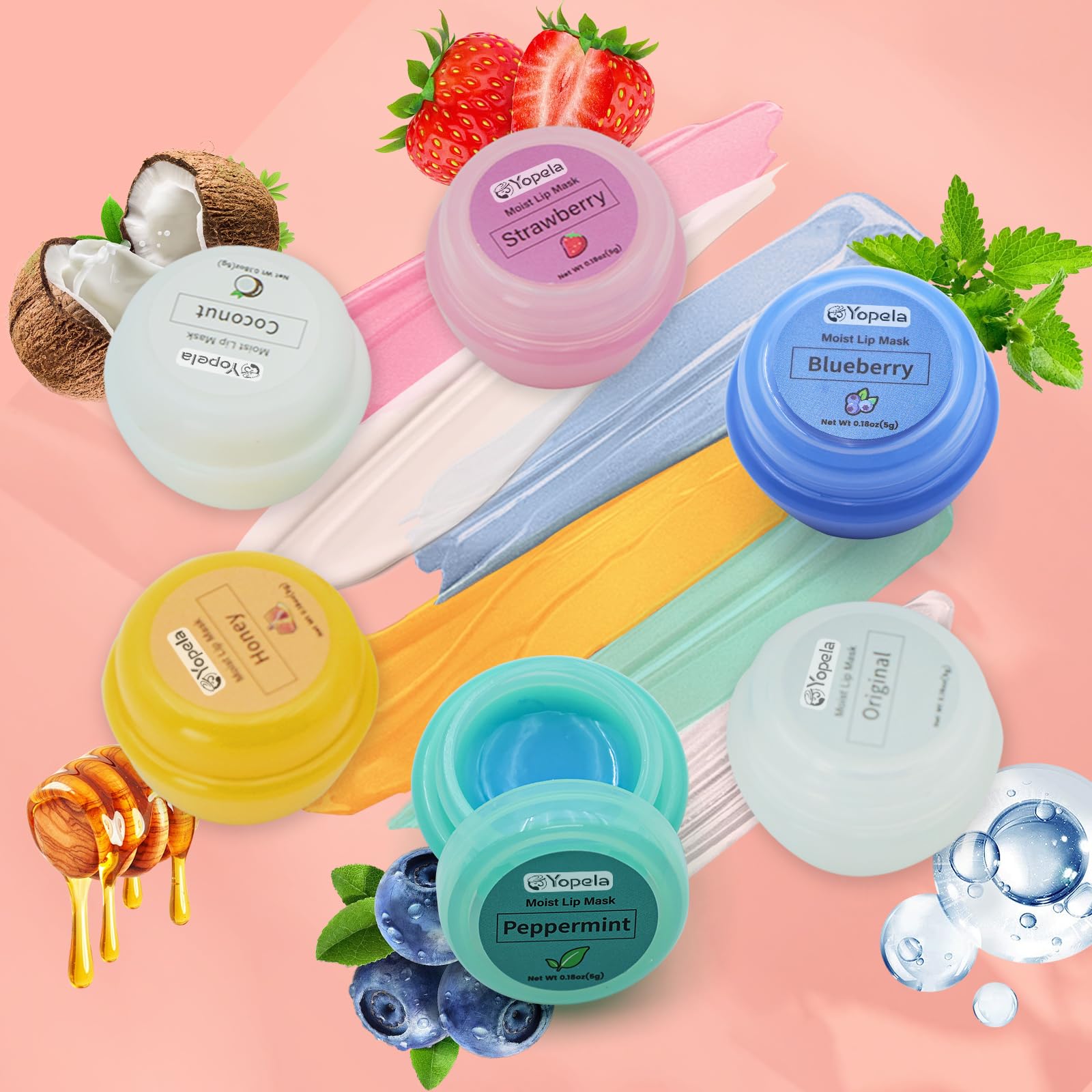 6 Pack Cute Lip Mask Sleeping Overnight for Dry Lips with Coconut Oil and Beeswax -Smoothing Hydrating Softening Plumoing Moisturizing with Small Lip Brush 6 Flavors Gift for Women 0.18 Oz