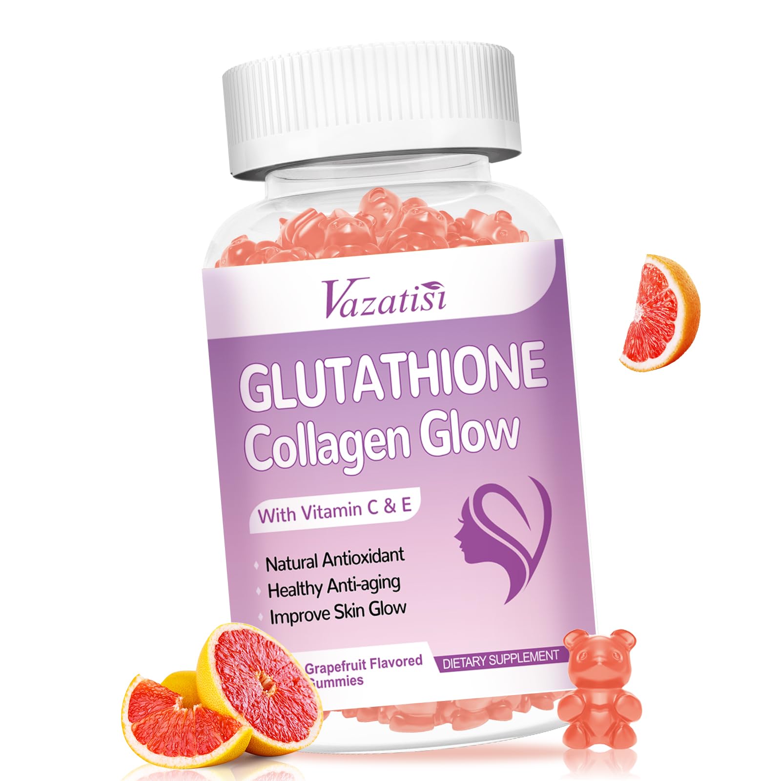 Glutathione Collagen Glow Gummies, Collagen Gummies with Vitamin C, E, Glutathione Supplement for Women, Skin Care, Anti-Aging, Grapefruit Flavor, 60 Count