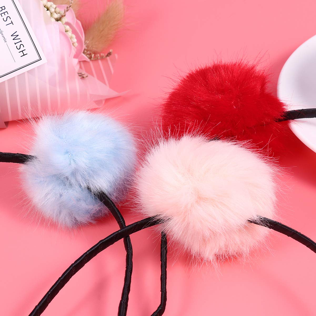Frcolor Furry Headband, Pom Pom Ball Cat Ear Headband for Halloween Christmas Party Birthday Cosplay, 3Pcs