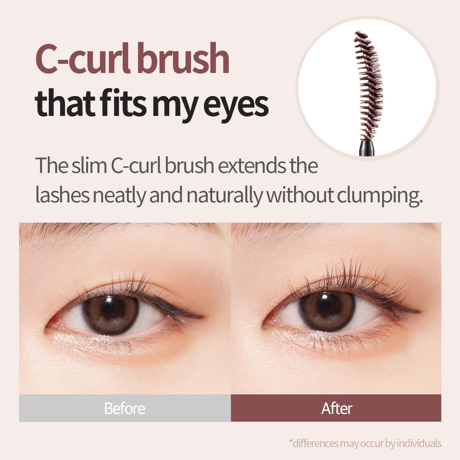COSNORI Perfect Setting Waterproof Mascara Long&Curl 02 Cozy Brown – Long Lasting Smudge - Brown Mascara - Soft Definition for Blue & Green Eyes - K Beauty - 0.23fl oz (7ml)