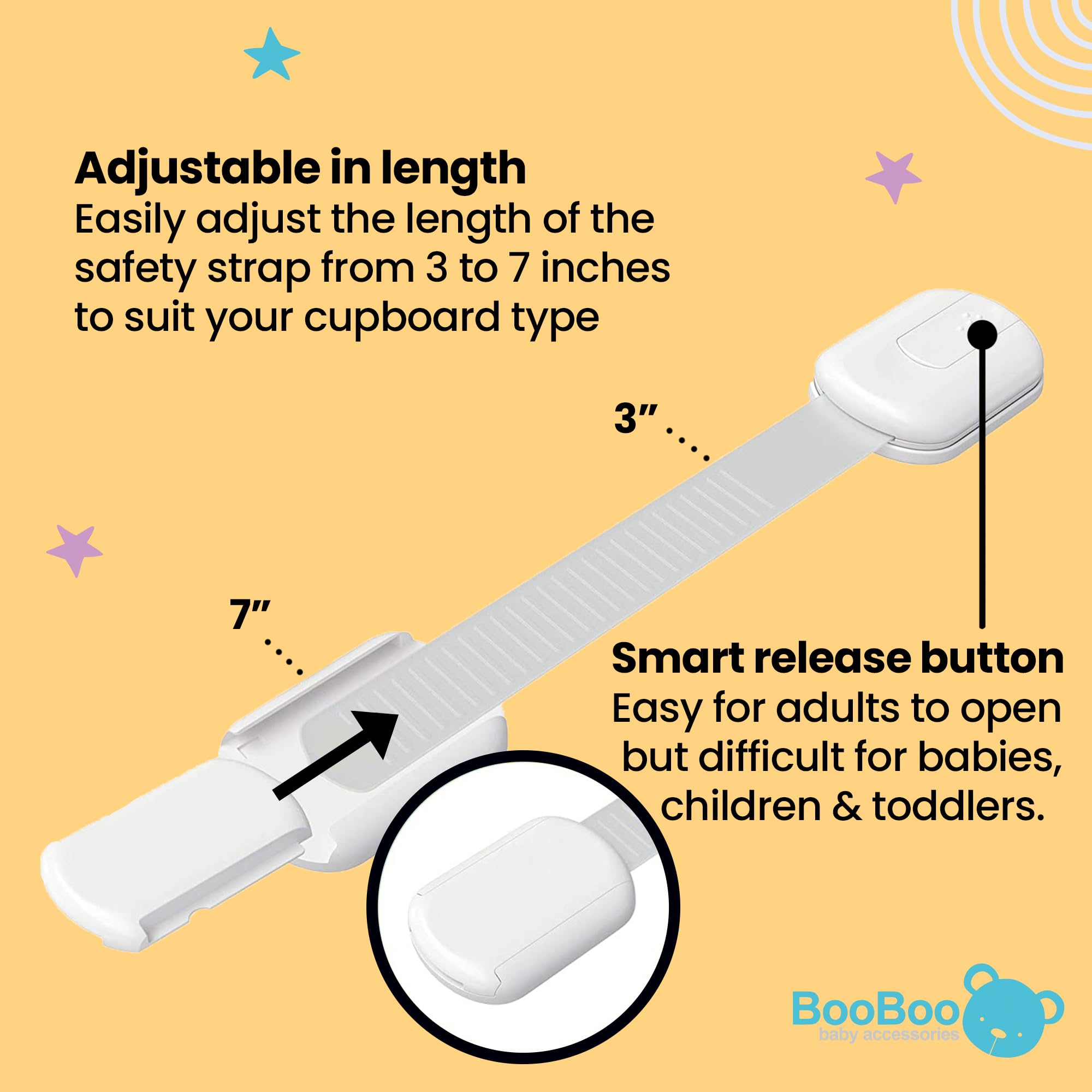 Booboo® (10 Pack) Premium Cabinet Locks Baby Proofing, Child Proof Cabinet Locks, Cupboard Locks for Children with 3M Adhesive + 4 Extra Stickers