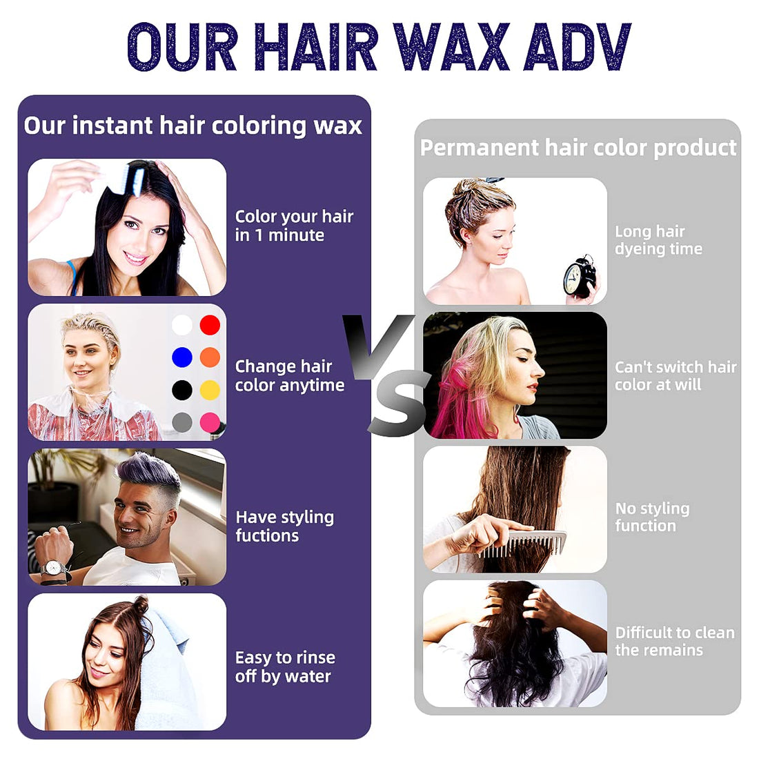 Purple Hair Coloring Dye Wax, Instant Hair Wax, Temporary Hairstyle Cream 4.23 oz, Hair Pomades, Natural Hairstyle Wax for Men and Women Party Cosplay (Purple)