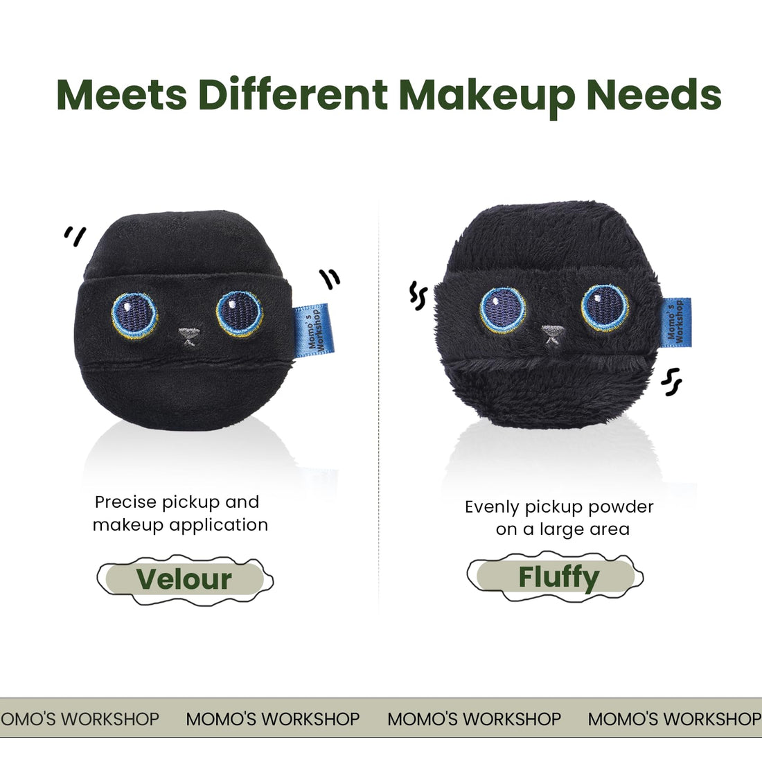 momo's workshop Cute Powder Puff, Black Fluffy Makeup Puff for Loose & Pressed Powders, Setting and Baking, Reusable, Dual-sided Use 1P M