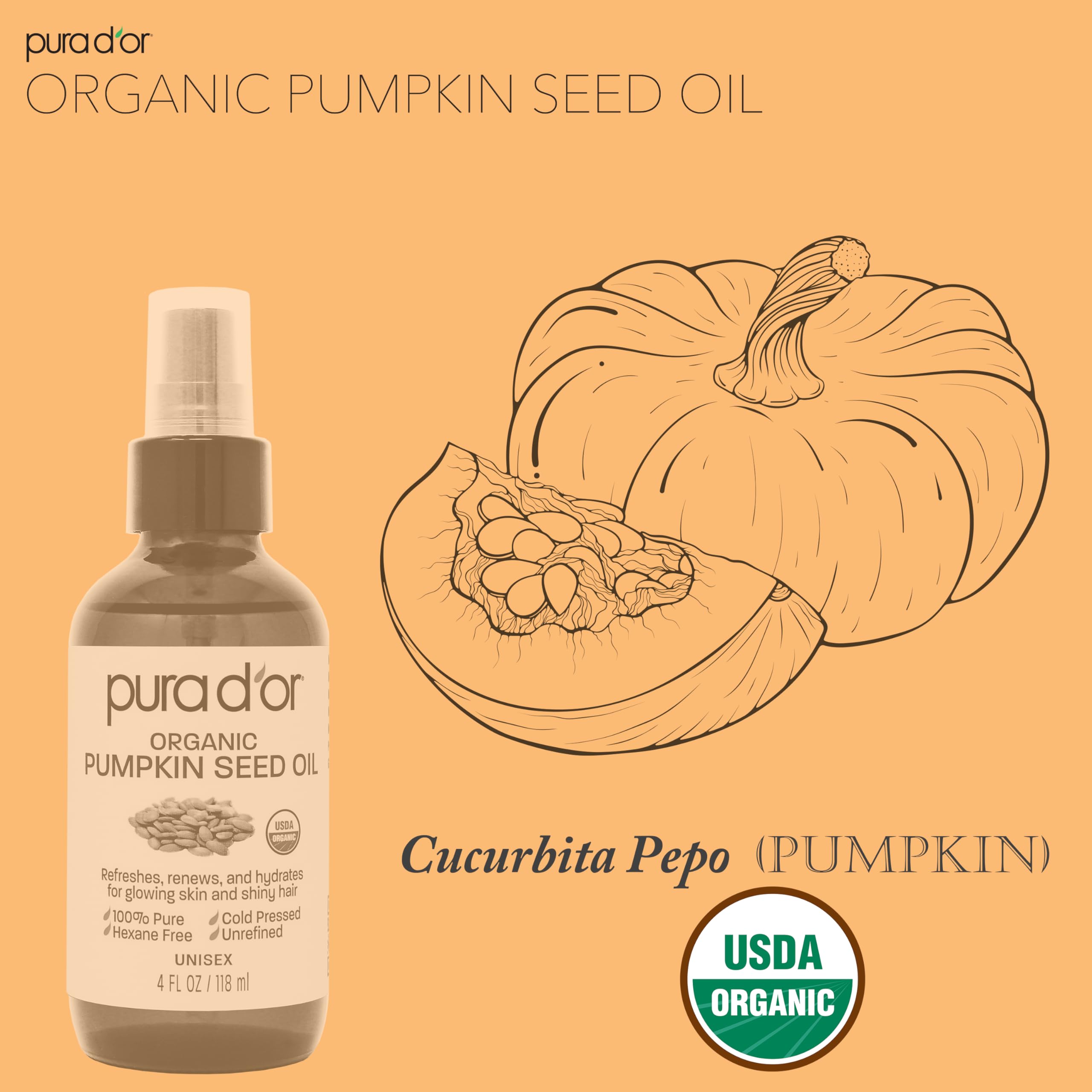 PURA D'OR 4 Oz Organic Pumpkin Seed Oil - 100% Pure USDA Certified Premium Grade Body Oil & Hair Growth Serum - After Shower Body Oil For Women & Men - Cold Pressed, Unrefined, Hexane-Free Skin Oil