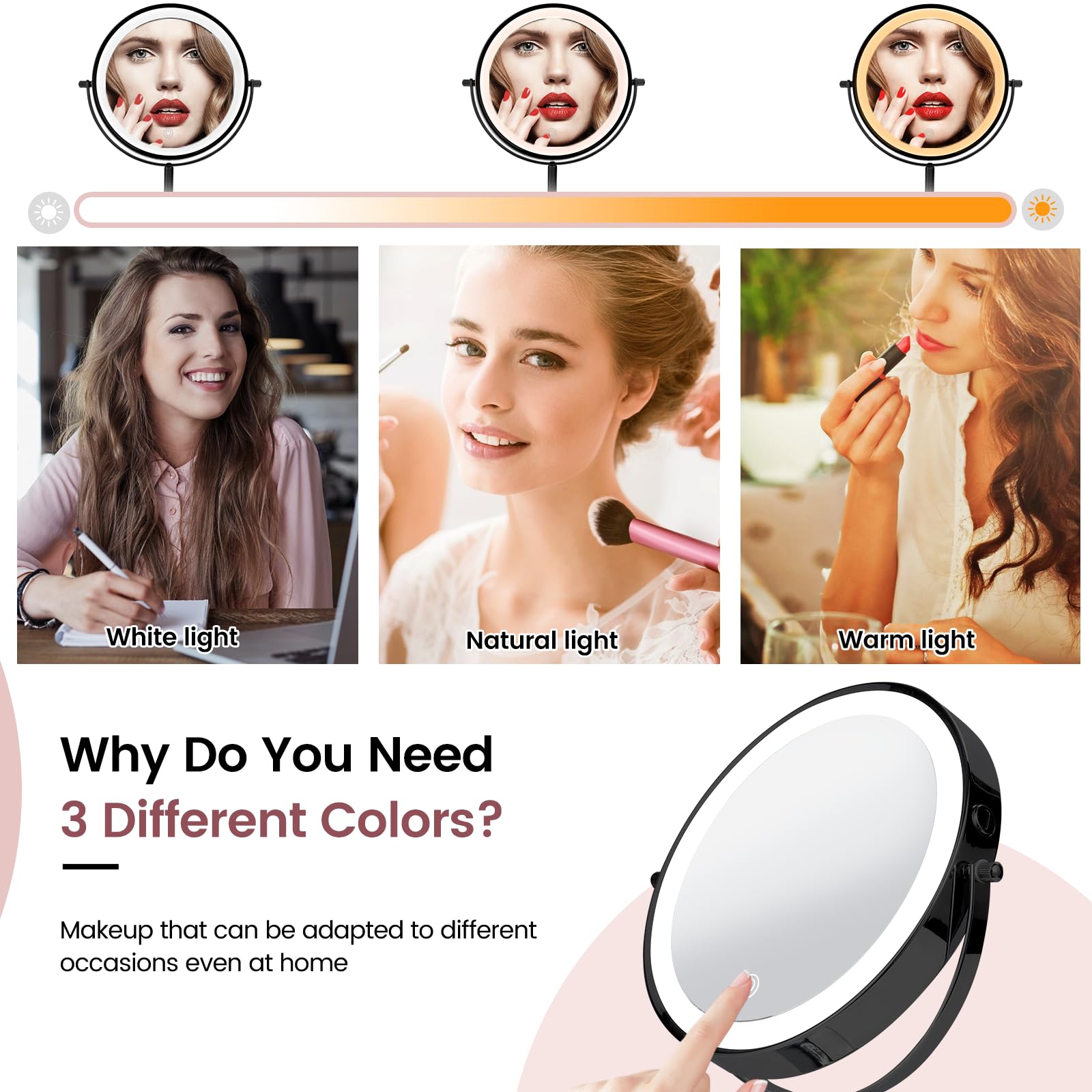 AumVum 8 Vanity Mirror with Lights Rechargeable, 1X/10X Magnifying Mirror with Light Double Sided Touch Screen 3 Colors 54 LED Lights Brightness Adjustable 360° Rotation for Bedrooms