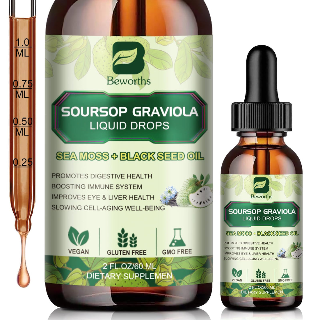 Soursop Bitters Liquid Drops, Soursop Graviola Multivitamin Drops with Sea Moss Black Seed Oil Supplement - Soursop Fruit Supports Antioxidant, Slowing Cell-Aging, Gut Cleanse, Detox & Immunity