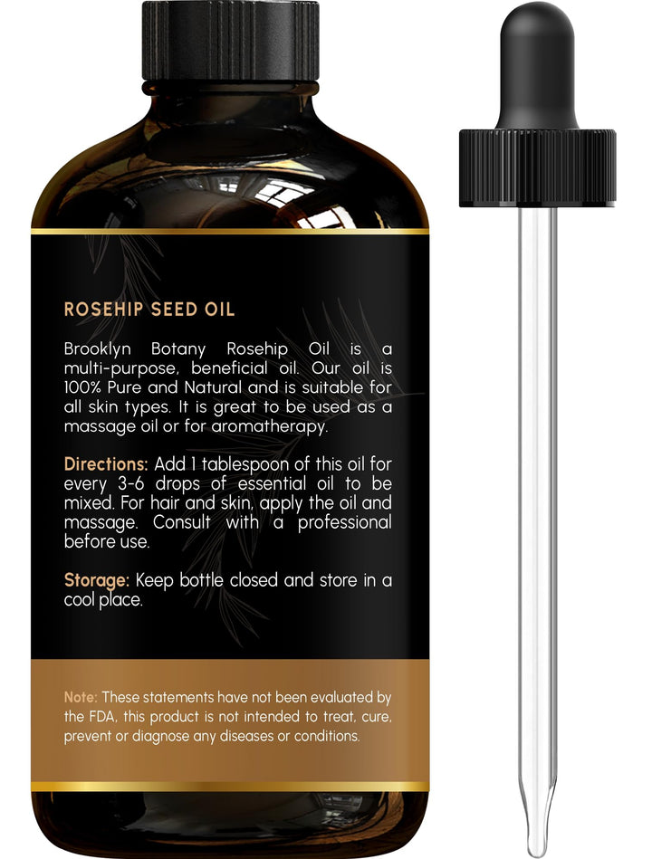 Brooklyn Botany Rosehip Oil for Face, Skin and Hair - 100% Pure and Natural Rosehip Seed Oil - Use as Carrier Oil for Essential Oils, Aromatherapy Oil, Massage Oil, Body Oil - 1 Fl Oz