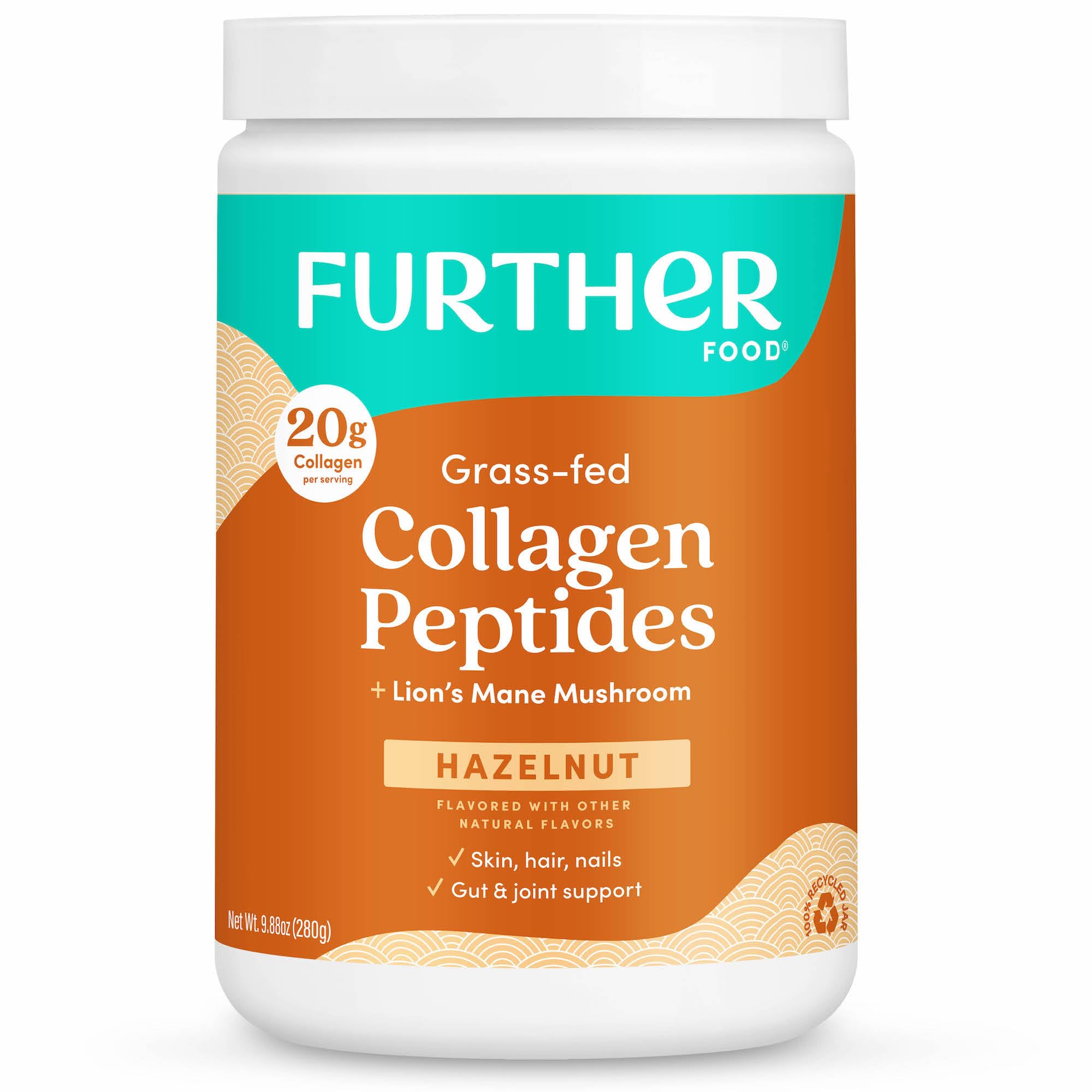 Further Food Hazelnut Collagen Peptides Powder with Lion’s Mane Mushroom, Grass-Fed Hydrolyzed Type 1 & 3 Protein, Gut Health + Joint, Hair, Skin, Nails, Paleo Keto Sugar-Free 9.88 oz