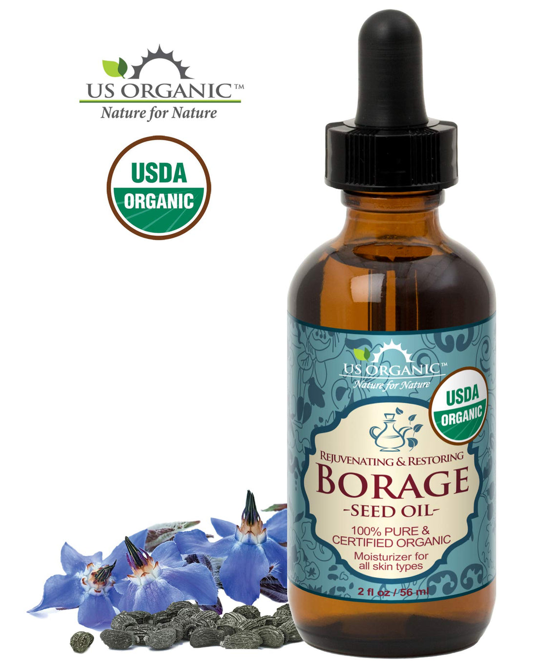 US Organic Borage seed Oil (18% GLA), USDA Certified Organic, 100% Pure & Natural, Cold Pressed, aka Starflower oil, in Amber Glass Bottle w/Glass Eye dropper for Easy Application (2 oz (56 ml))