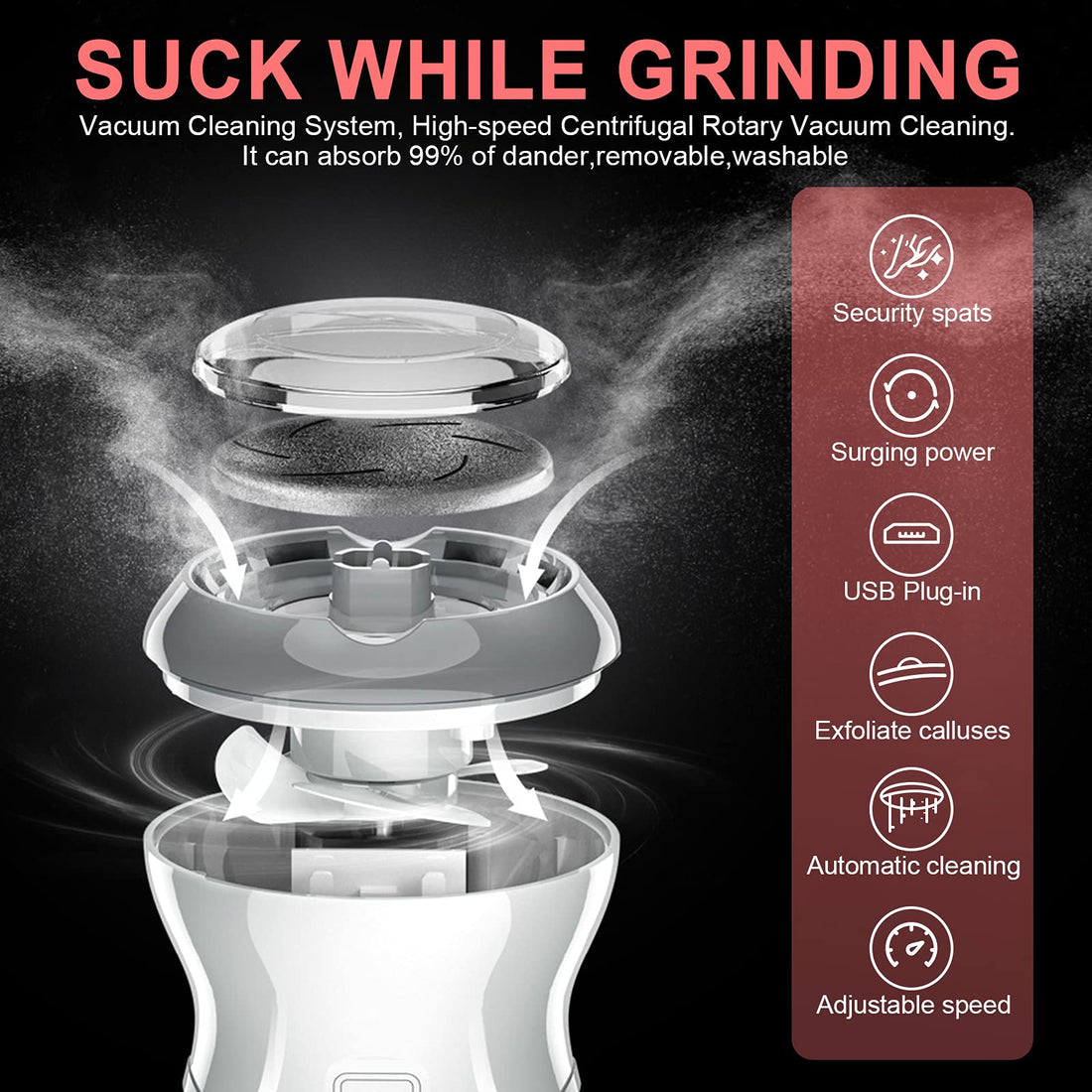 Professional electric feet callus remover,Portable Rechargeable Foot File Pedicure Tools with Vacuum Adsorption Foot Grinder 2 Speed 3 Grinding Heads, Ideal for Dead Skin/Powerful Exfoliation