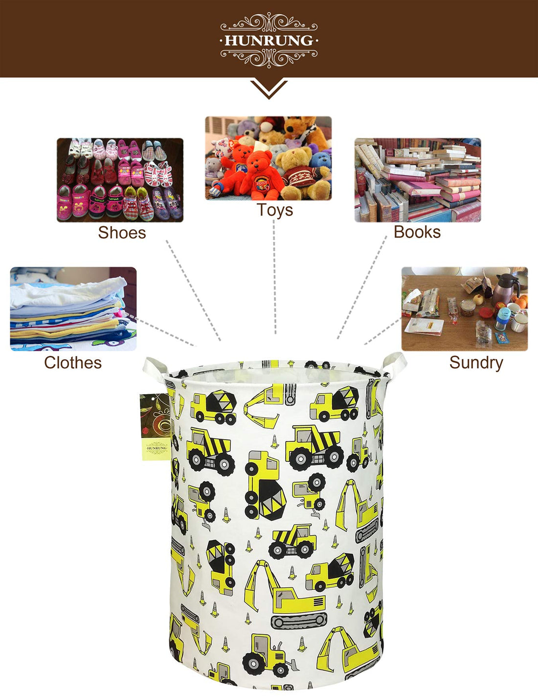 HUNRUNG Laundry Hamper,Large Canvas Fabric Lightweight Storage Basket Toy Organizer Dirty Clothes Collapsible Waterproof for College Dorms, Children Bedroom,Bathroom(Round Engineering)