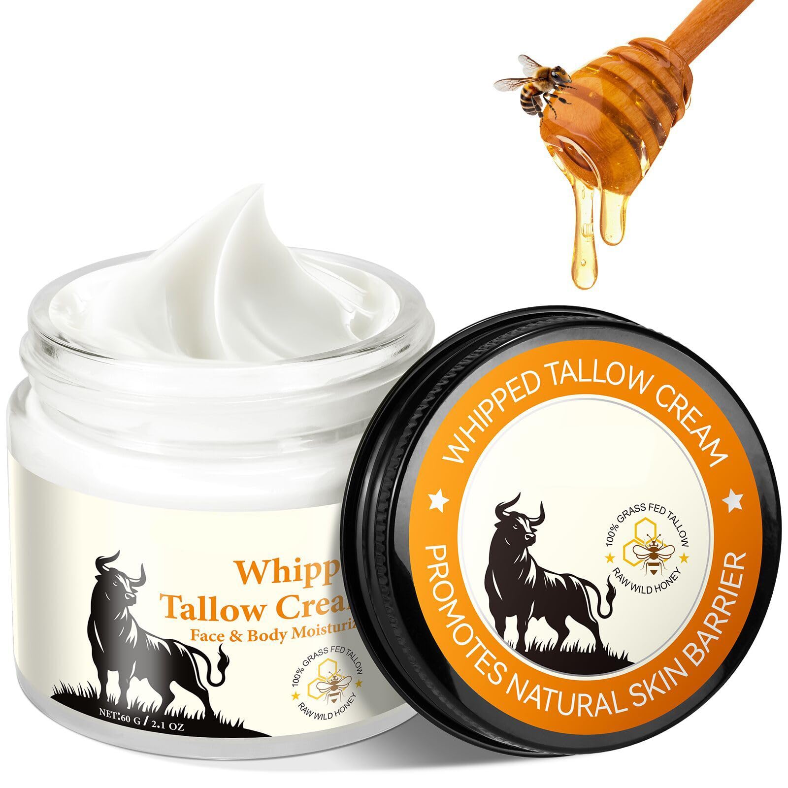Organic Beef Tallow for Skin, Tallow And Honey Balm for Face & Body, Whipped Grass Fed Beef Tallow Face Moisturizer Deep Hydration, Soothes Dryness, Repairs Skin Barrier, Natural Body Butter