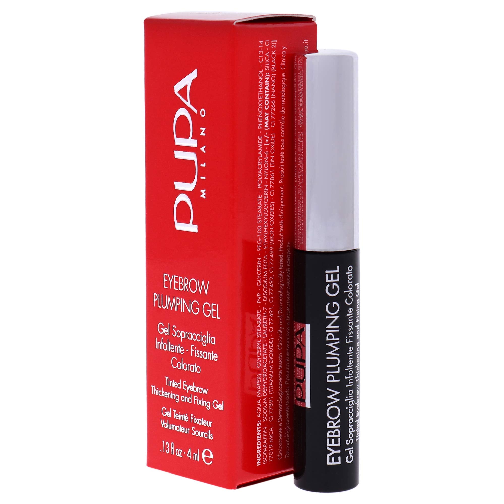 PUPA Milano Eyebrow Plumping Gel - Instant Grooming And Shaping - Fill And Volumize With Ease For Beautiful, Thick Brows - All Day Hold - Sculpt Your Arches With Precision - 002 Brown - 0.13 Oz