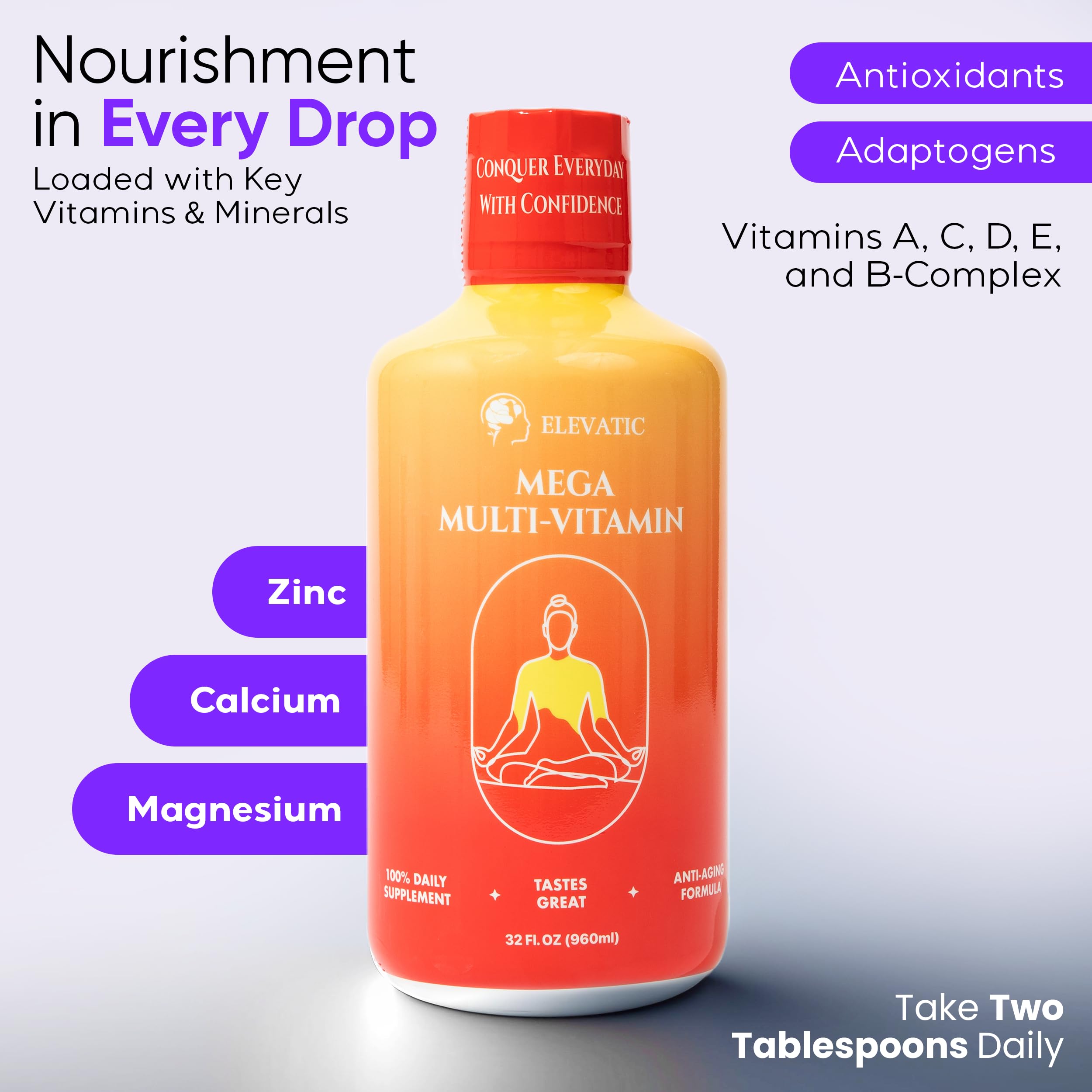 Elevatic Mega Liquid Multivitamin | 32 Fl.oz (960ml) | Easy to Consume Daily Use Multivitamin Liquid | Nutrition & Immune Support | Packed with Vital Nutrients for All